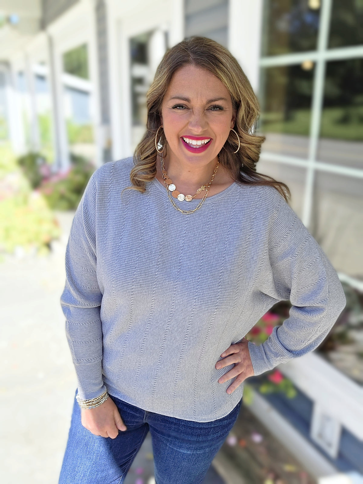 GREY TEXTURED DOLMAN SLEEVE BOAT NECK SWEATER