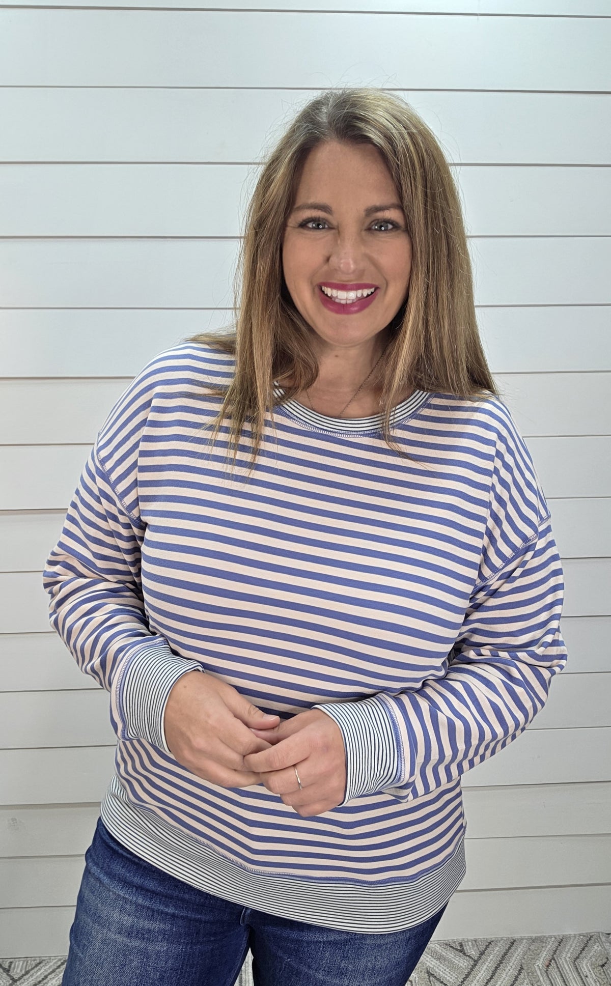 Denim Blue Crew Neck, Drop Shoulder, Long Sleeve, Micro Brushed Knit top