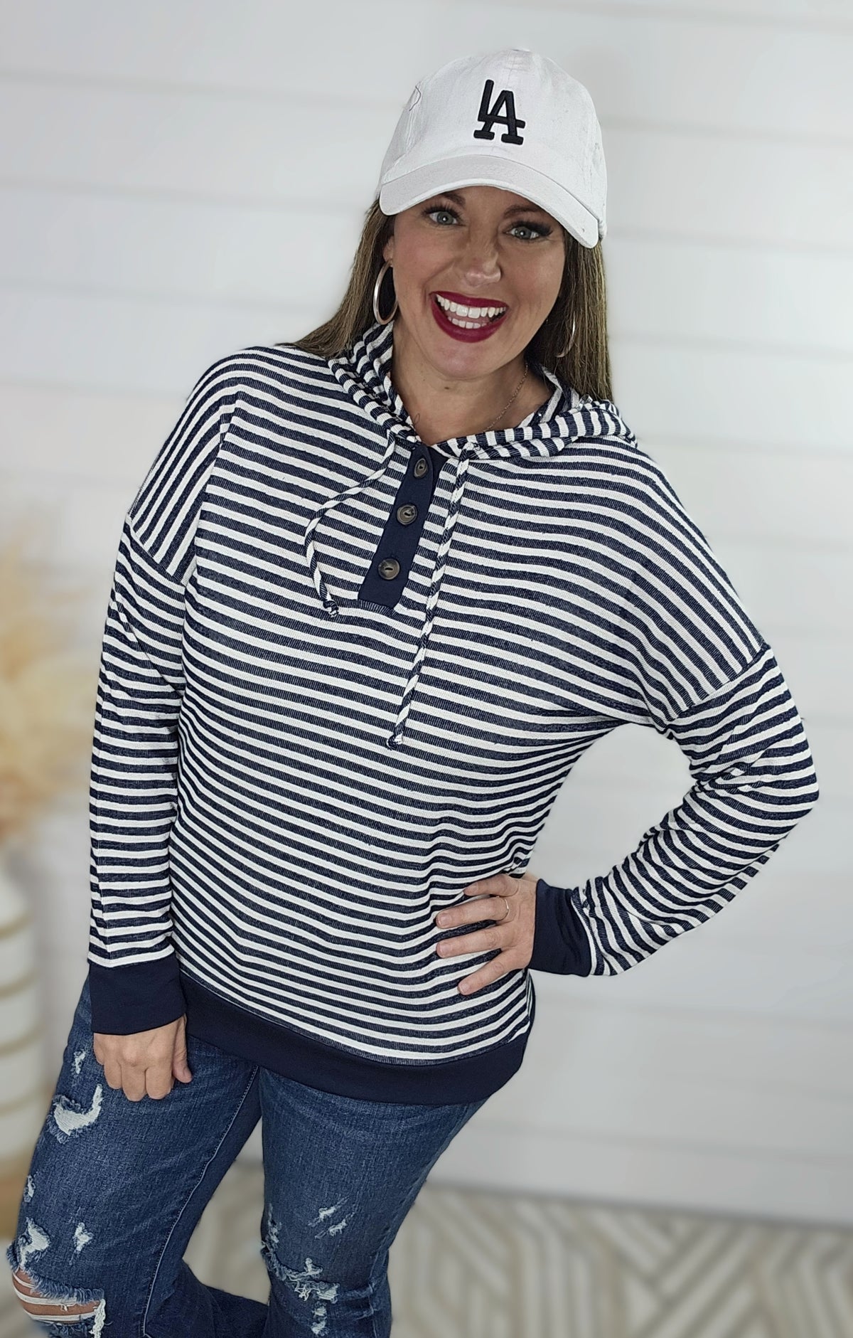 NAVY STRIPED FRENCH TERRY LIGHT WEIGHT HOODIE