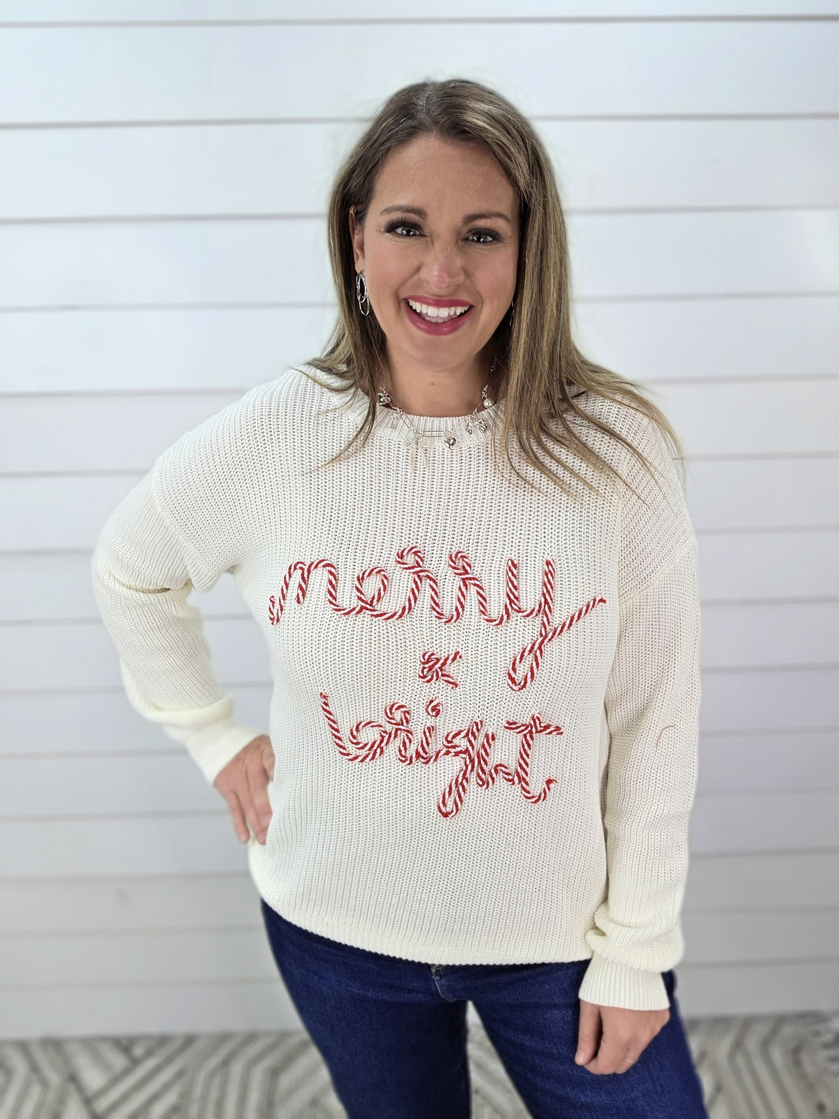 CREAM CANY CANE "MERRY & BRIGHT" SWEATER