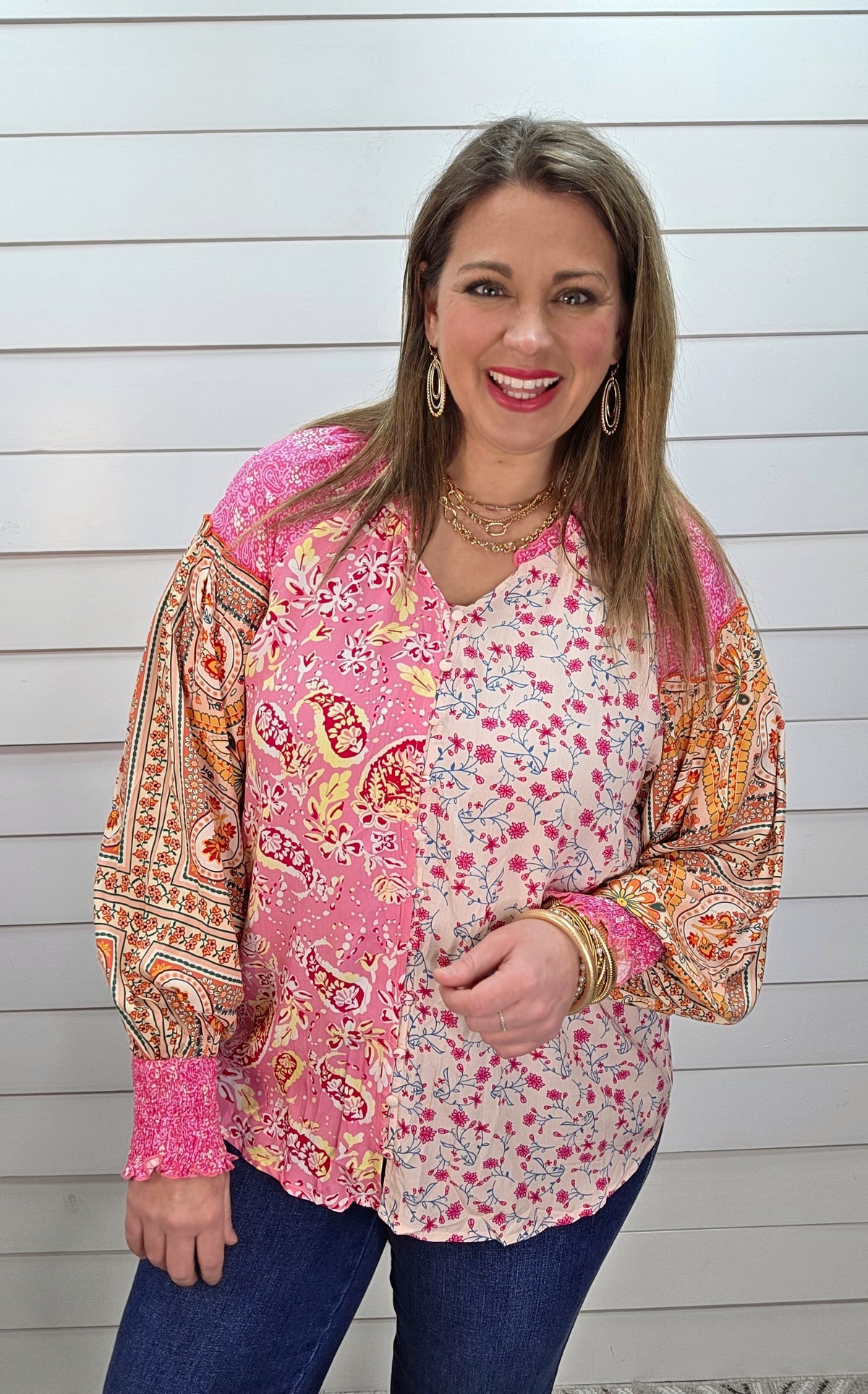 PINK MULTI CONTRAST BUTTON DOWN WOVEN TOP