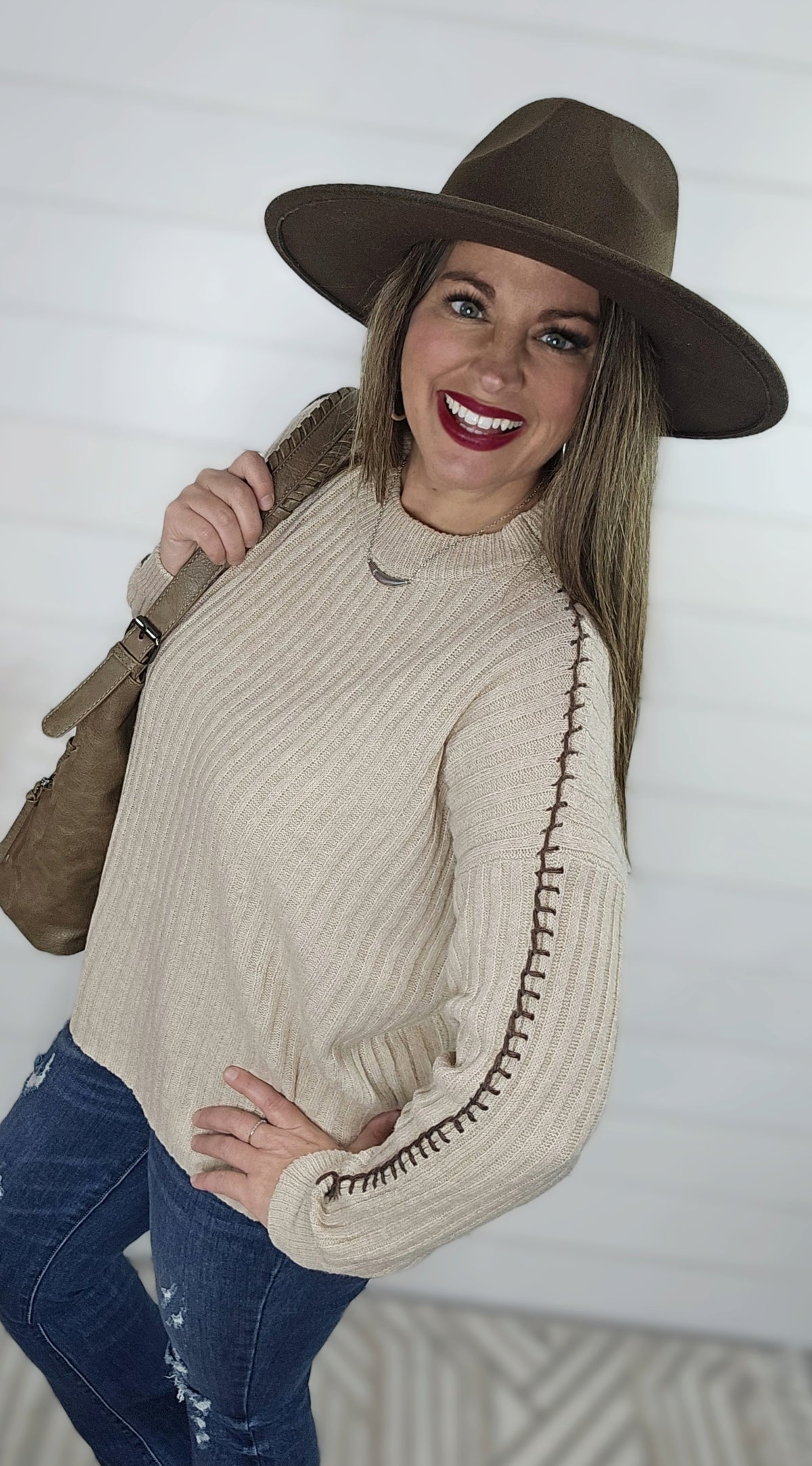 MOCHA VERTICAL STRIPED BLANKET STITCH SWEATER