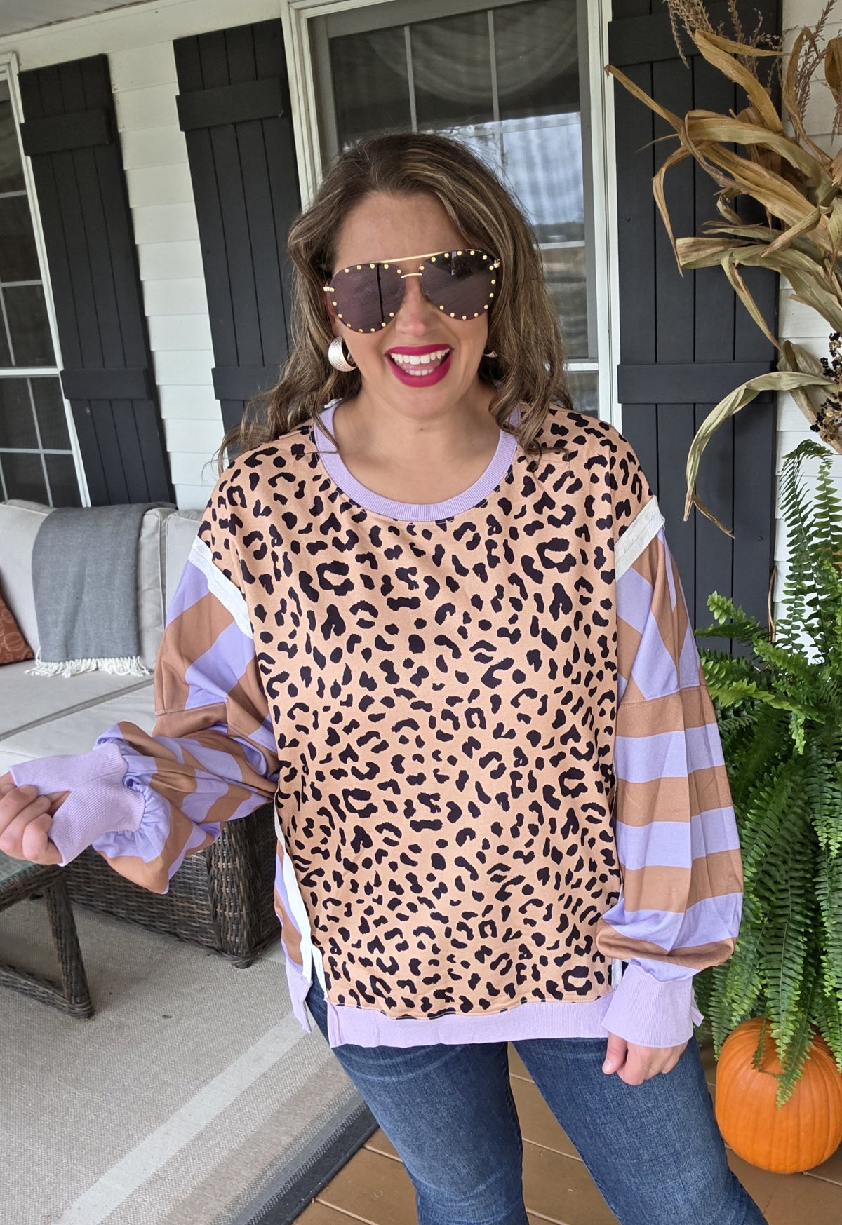 PURPLE STRIPED/ANIMAL OVERSIZED FRENCH TERRY TOP