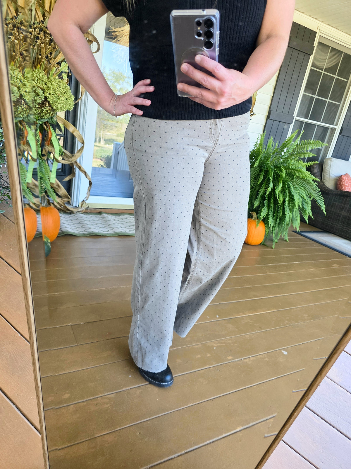 MOCHA WASHED POLKADOT WIDE LEG DENIM PANTS