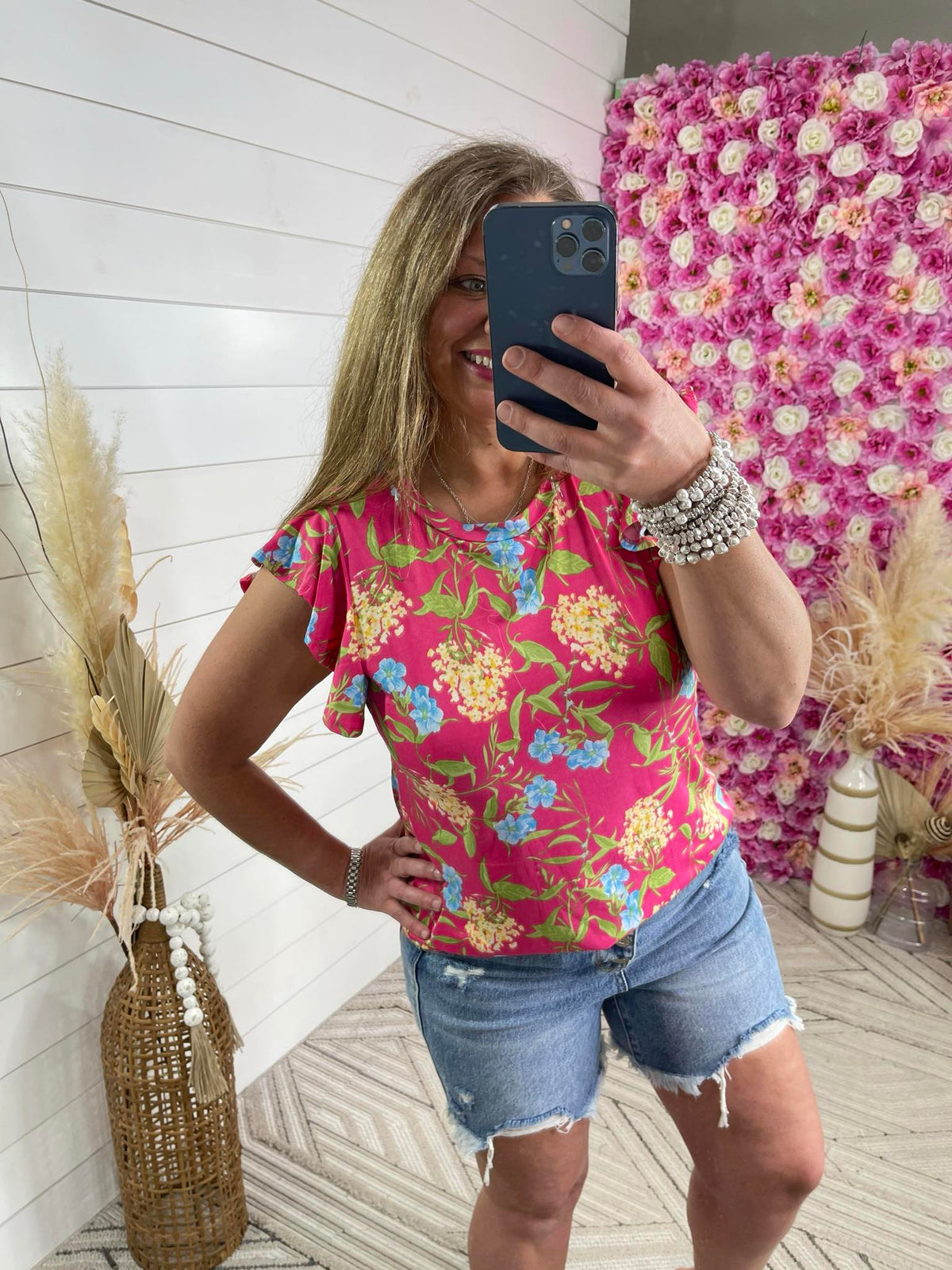 FUCHSIA FLORAL ROUND NECK RUFFLE SLEEVE TOP