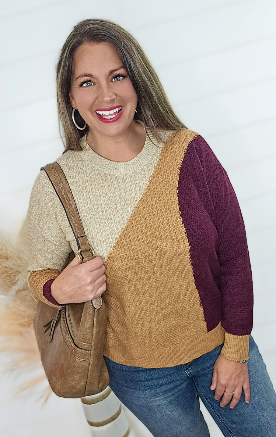 MOCHA/GOLDEN/WINE TRI COLOR COLORBLOCK LIGHT WEIGHT SWEATER