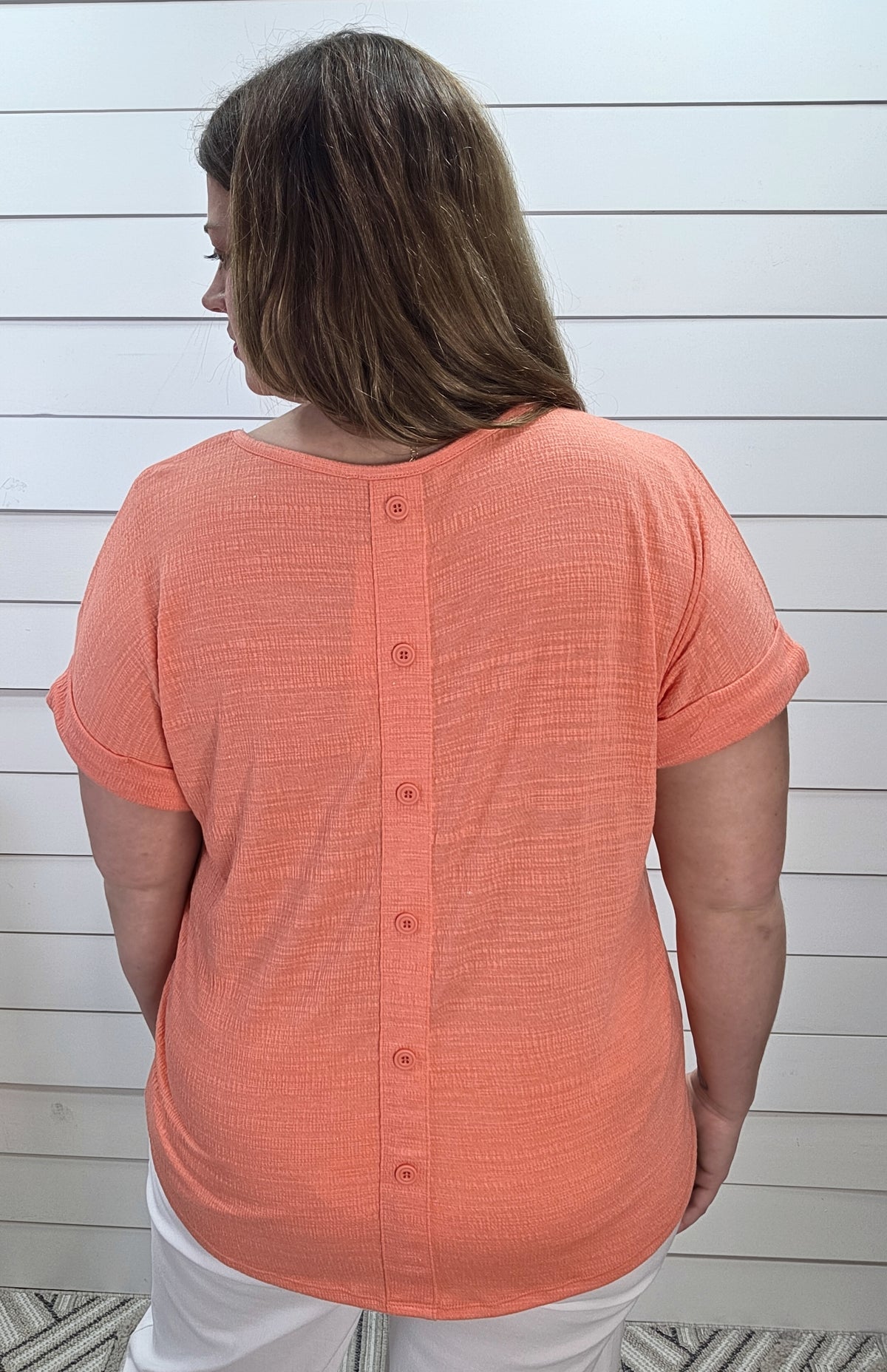 TANGERINE KNIT TOP W/ BUTTON BACK DETAIL