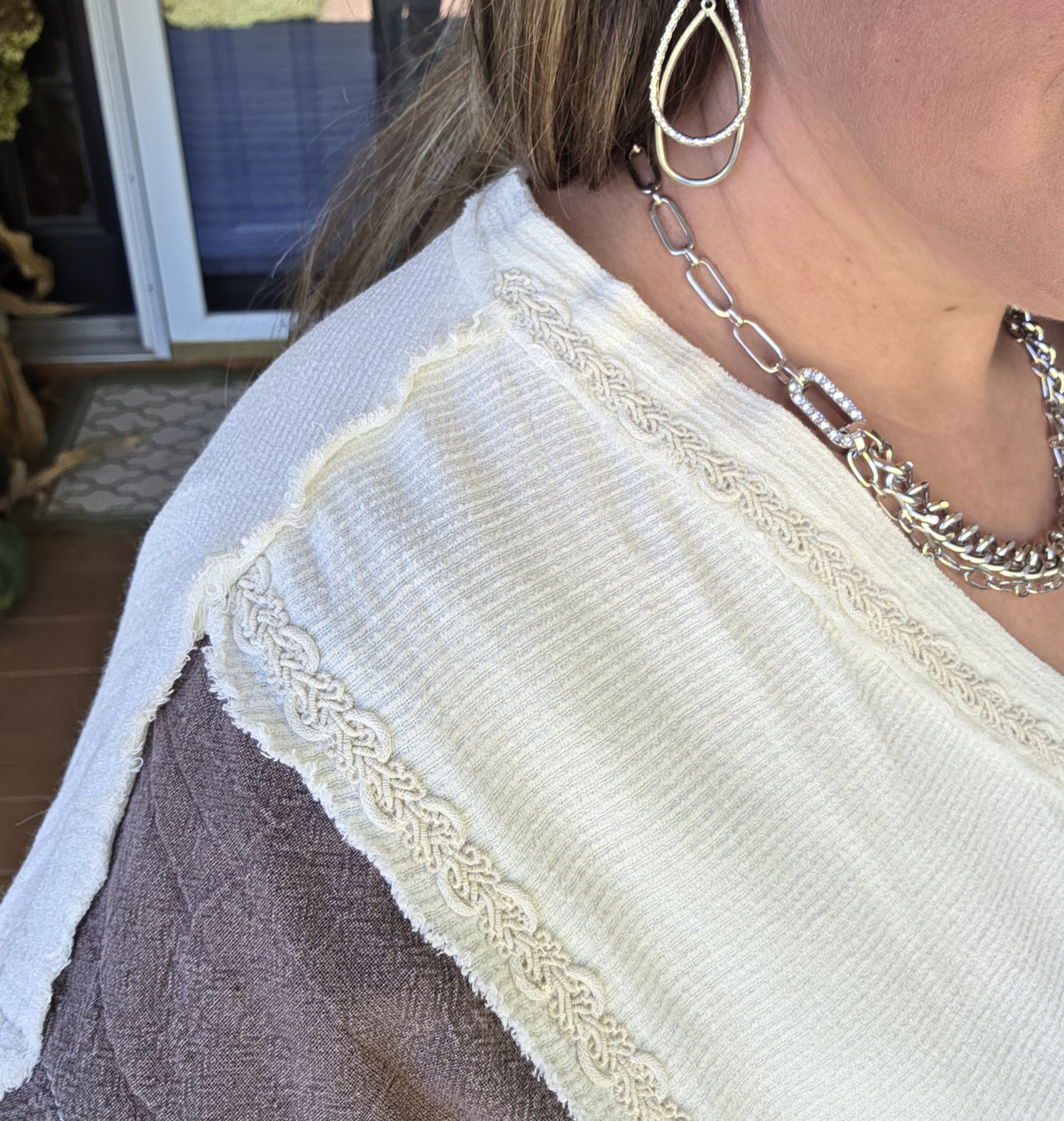 POL CREAM/BROWN DOUBLE POCKET LACE TRIM TOP