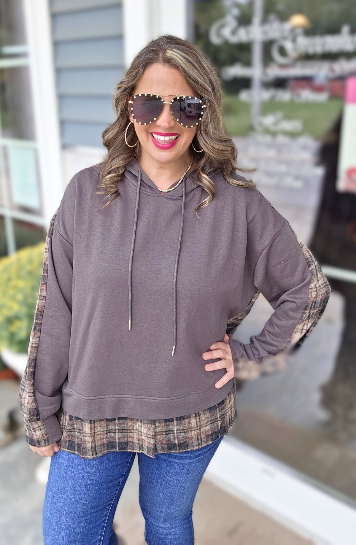 CHARCOAL/BROWN PLAID CONTRAST FRENCH TERRY HOODIE