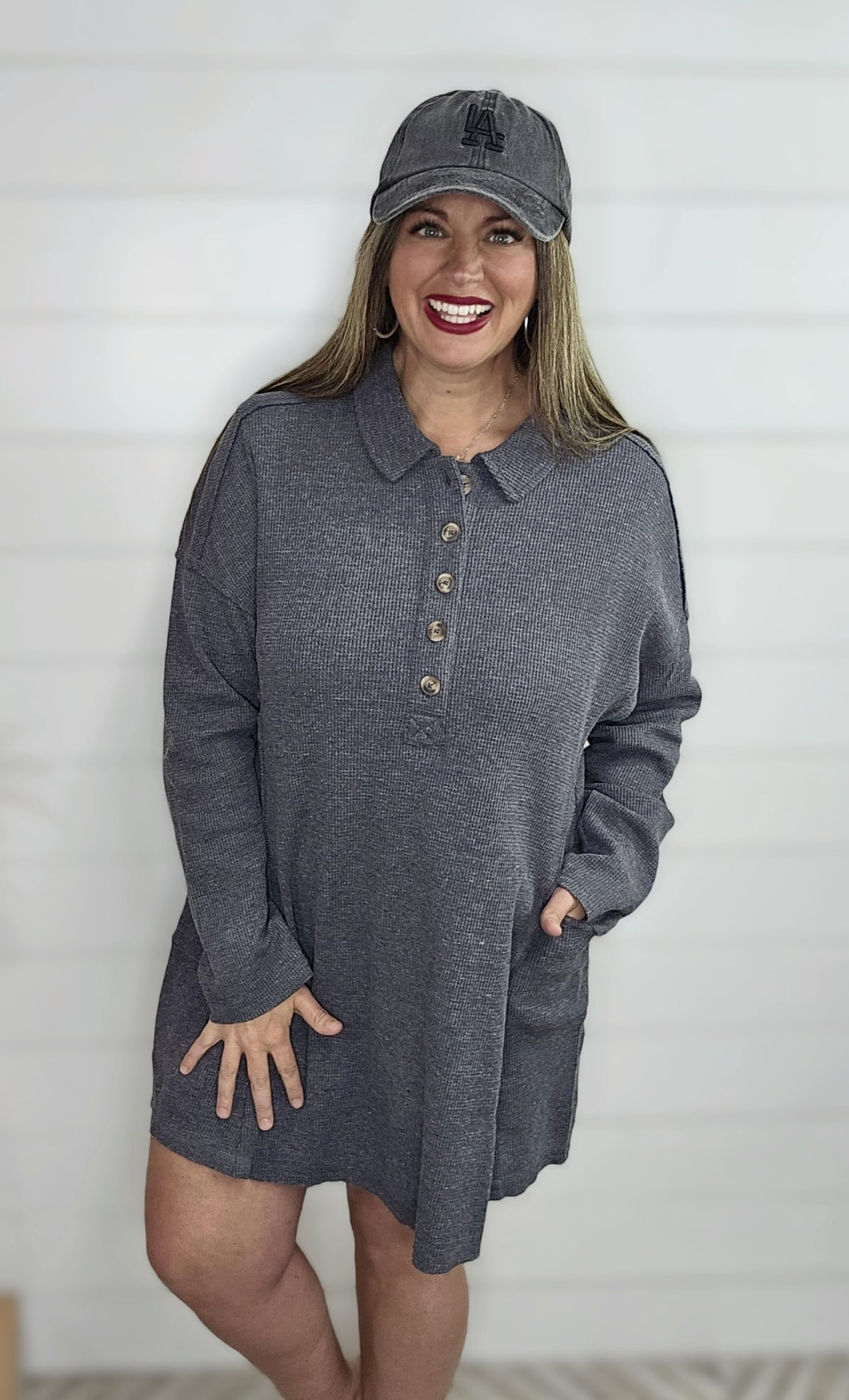 CHARCOAL WAFFLE TEXTURED HALF BUTTON DRESS/TUNIC