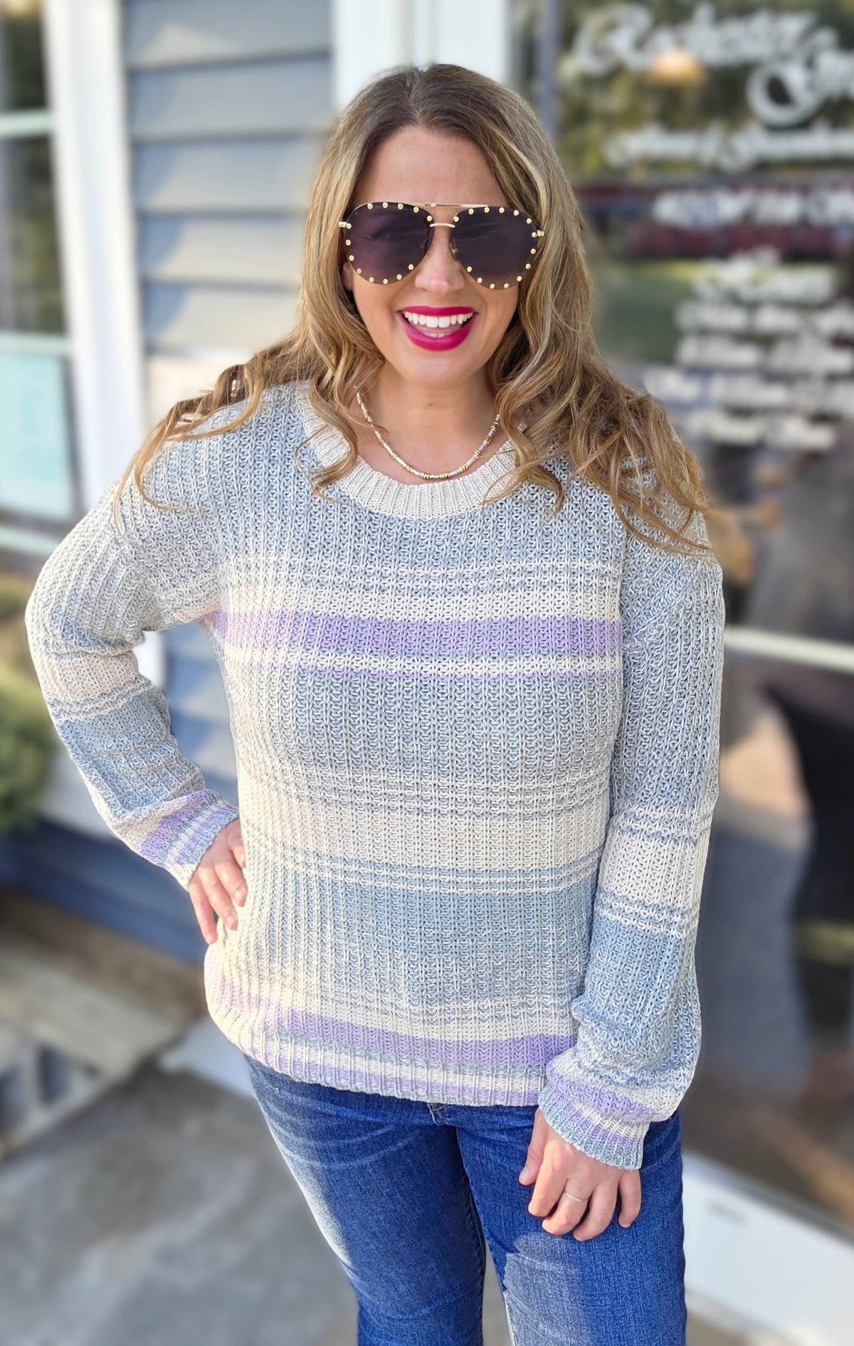 CREAM/GREY/LAV COLORBLOCK KNIT SWEATER