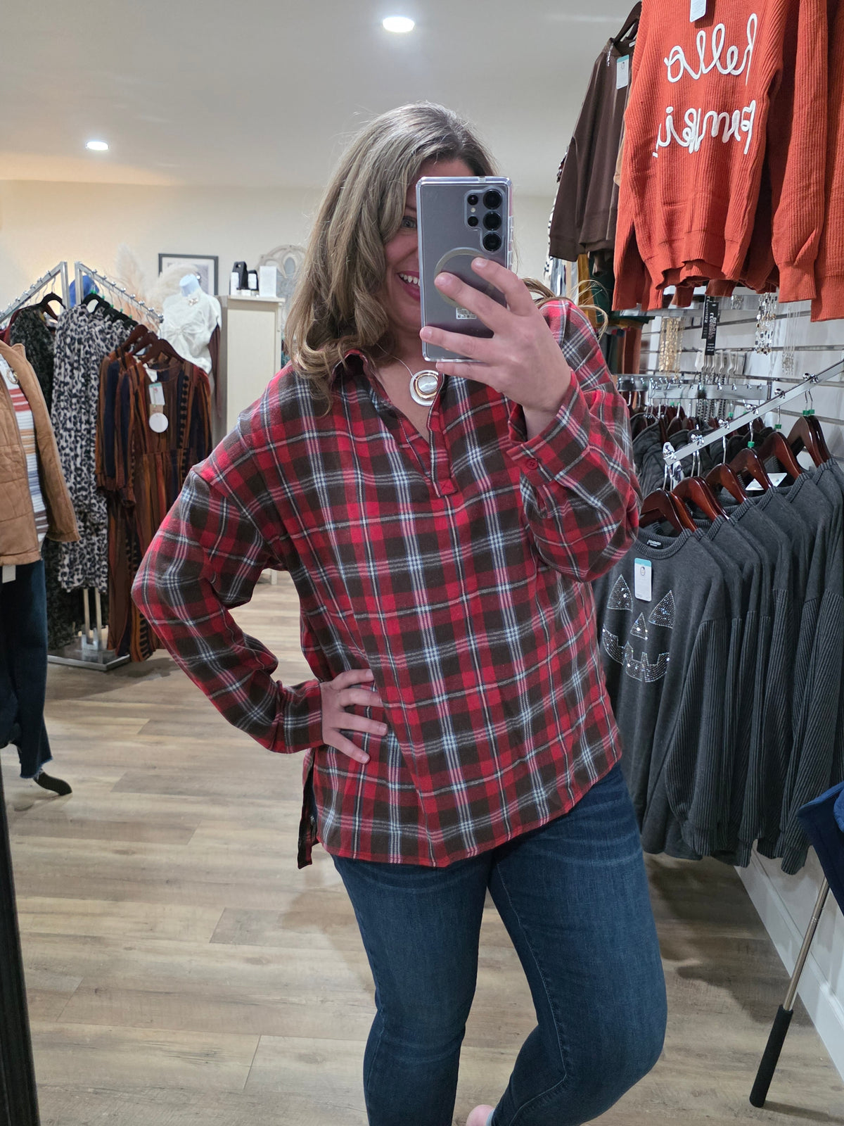 RED PLAID V NECK HI LOW TOP