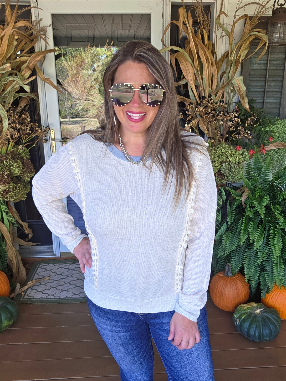 CREAM FABRIC CONTRAST PULLOVER WITH FRINGE DETAIL