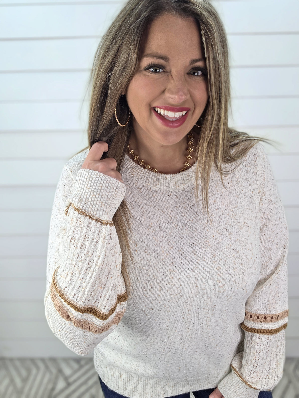 OATMEAL SPRINKLE YARN CONTRAST SLEEVE KNIT SWEATER