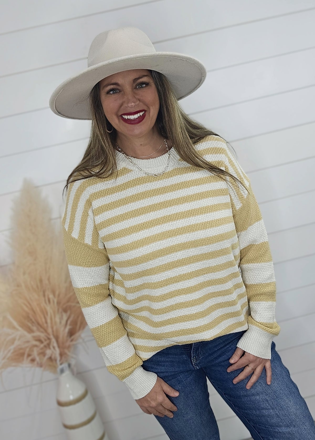 MUSTARD TEXTURED MULTI STRIPED CREW NECK SWEATER