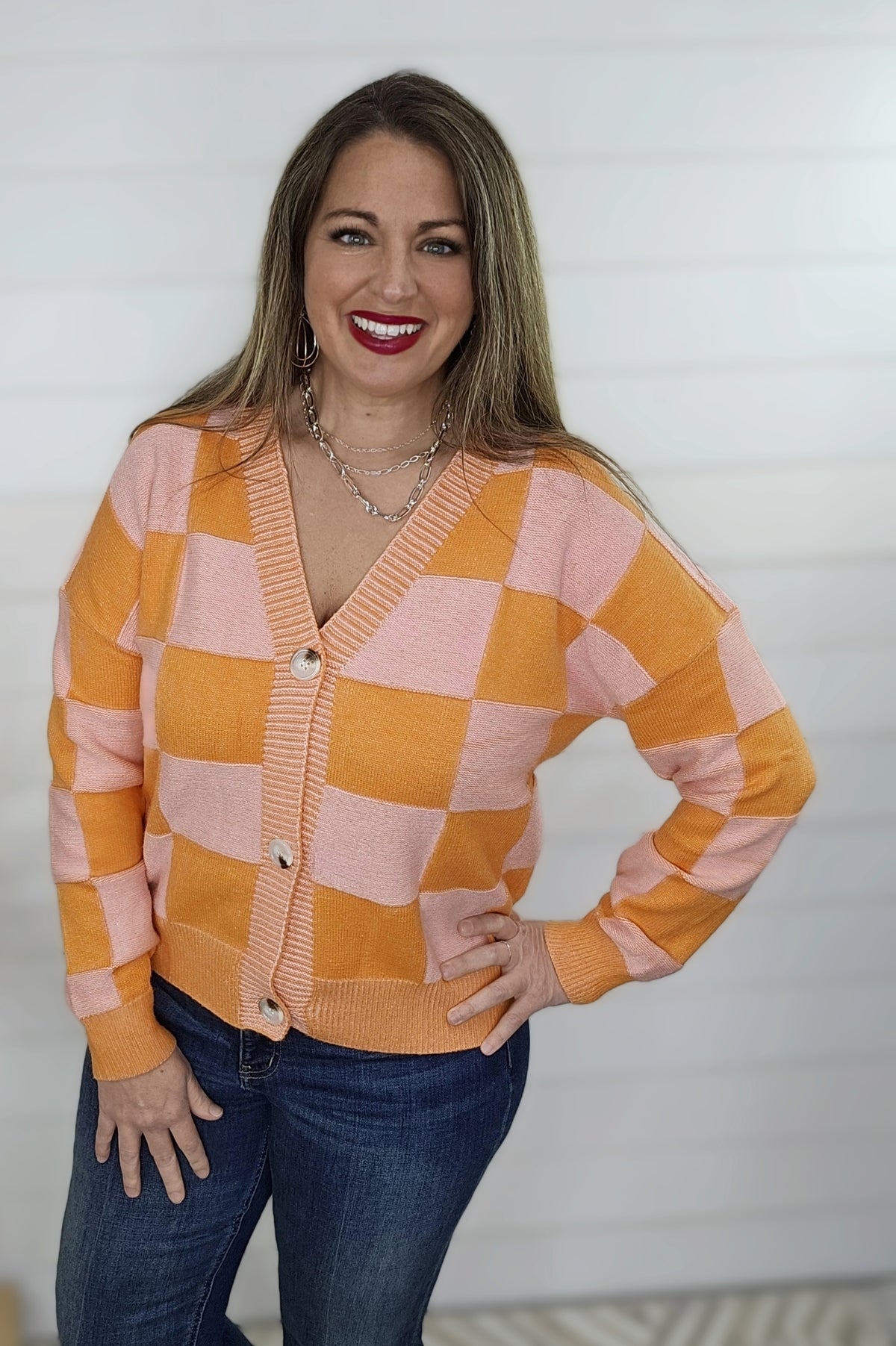 ORANGE/PINK CHECKERED BUTTON CARDIGAN