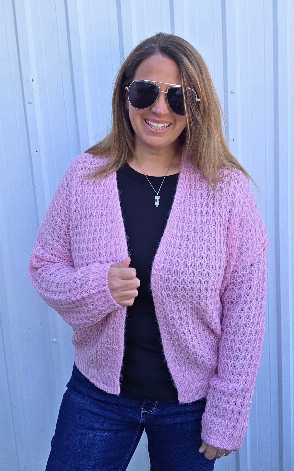 Pink Open Front, Long Sleeve, Open Weave Waffle Textured Cardigan