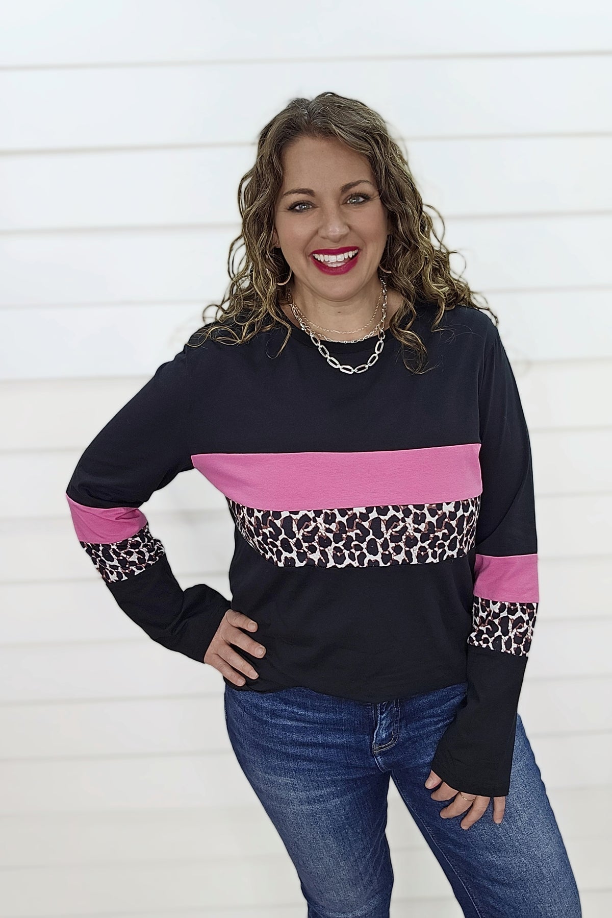 BLACK/PINK/LEOPARD COLORBLOCK TOP