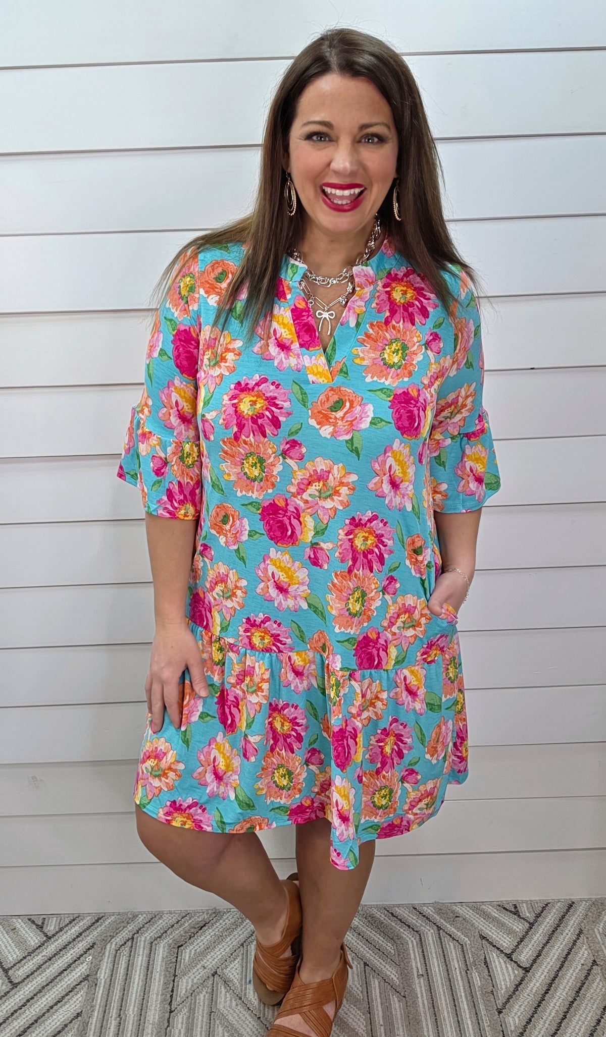 DEAR SCARLETT SUNDAY 3/4 SLEEVE RUFFLE DETAIL DRESS - MINT FLORAL