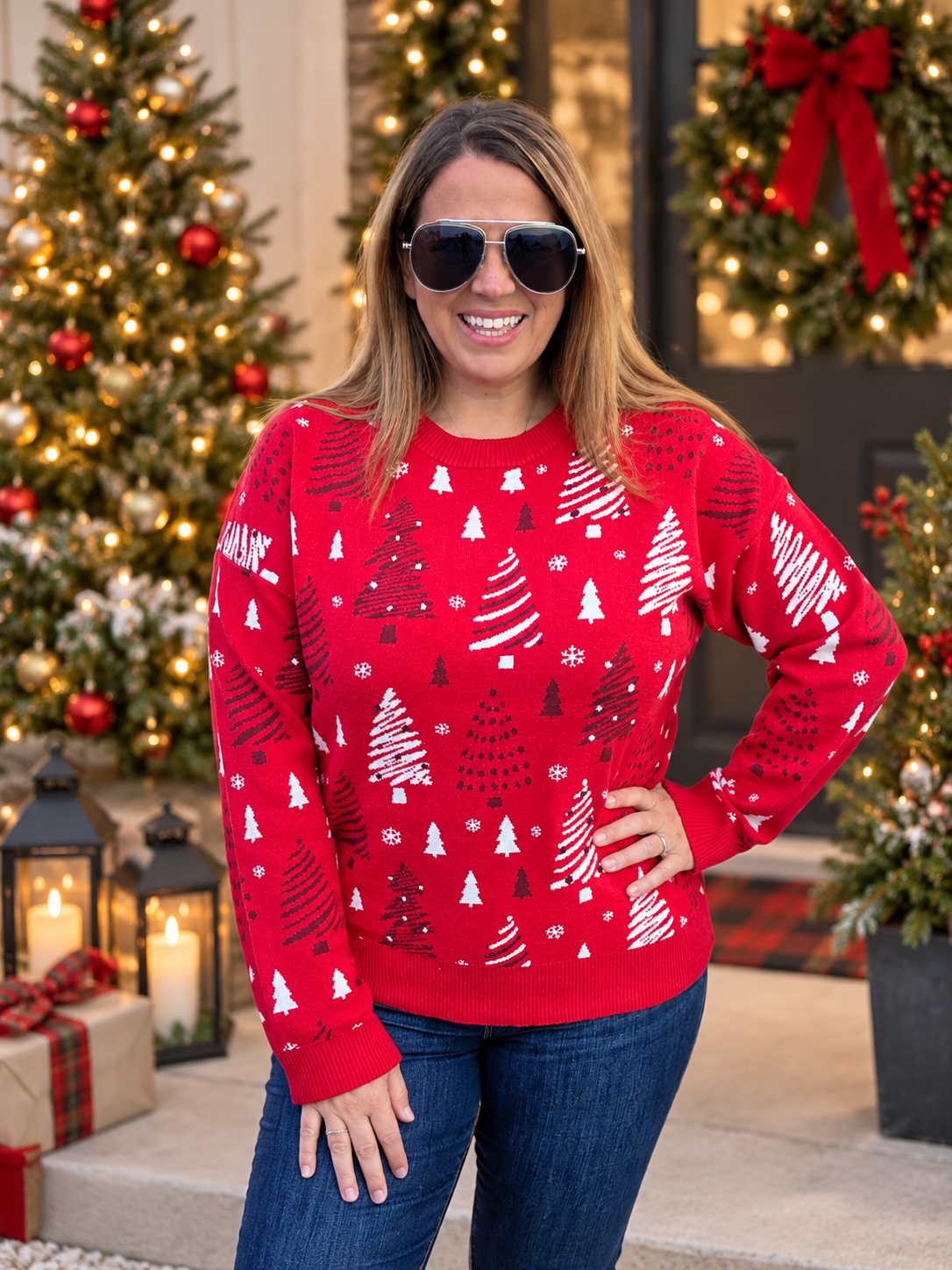 Red Christmas Theme Jacquarded Crew Neck Pullover Sweater