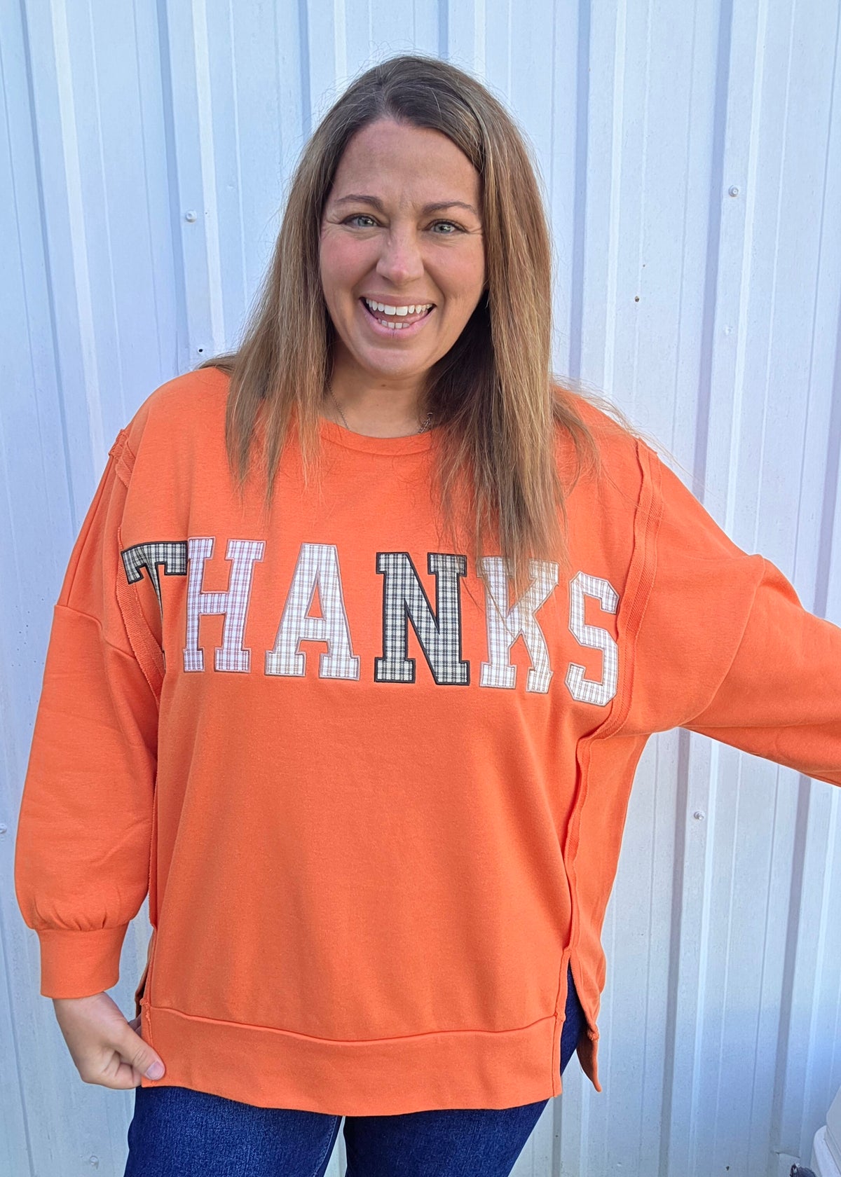 Pumpkin Round Neck Drop Shoulder Long Sleeve Oversized Loose Fit French Terry THANKS Pullover