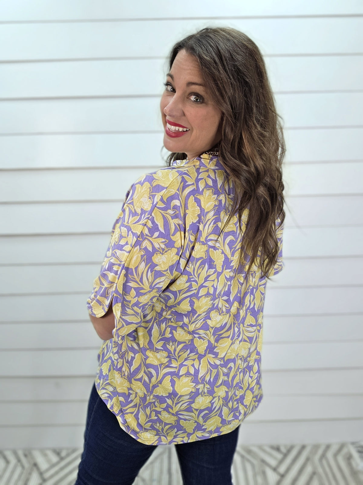 DEAR SCARLETT BREEZE SPLIT SLEEVE TOP - LILAC YELLOW FLORAL PRINT