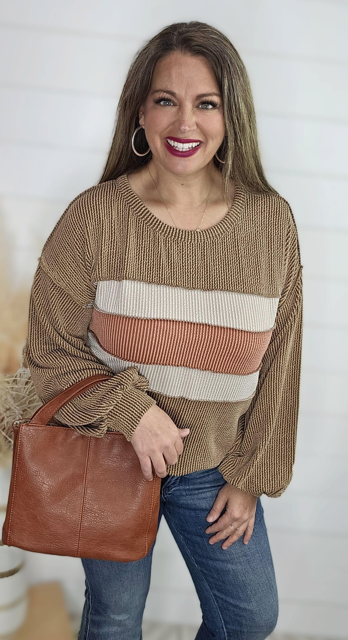 CARMEL/MOCHA/RUST COLORBLOCK RAISED RIBBED TOP