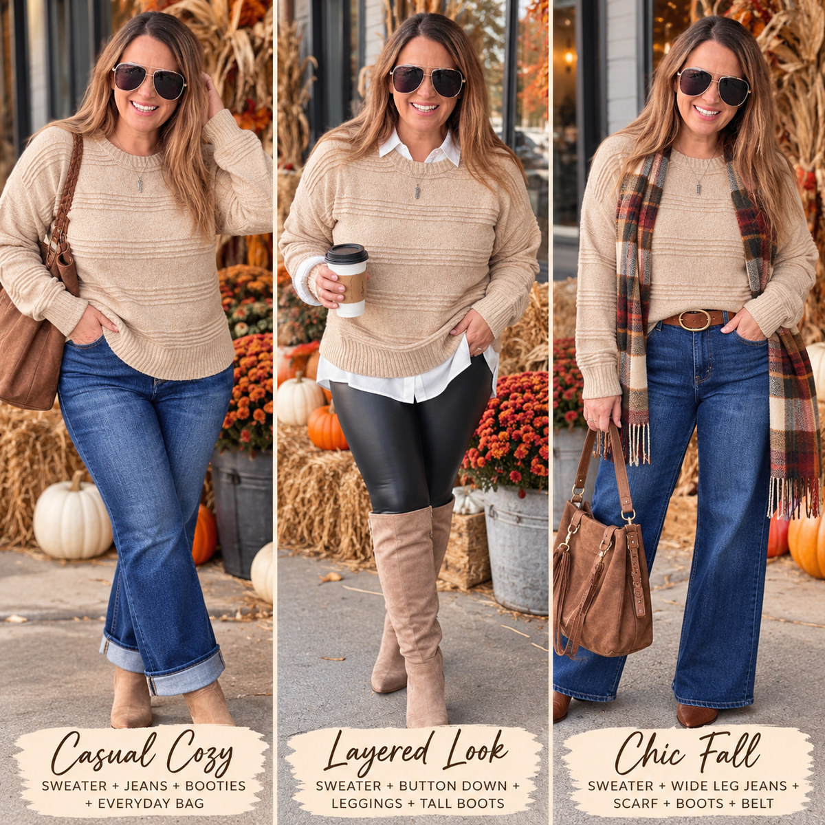 TAUPE Texture Striped, Crew Neck, Long Sleeve Pullover Sweater