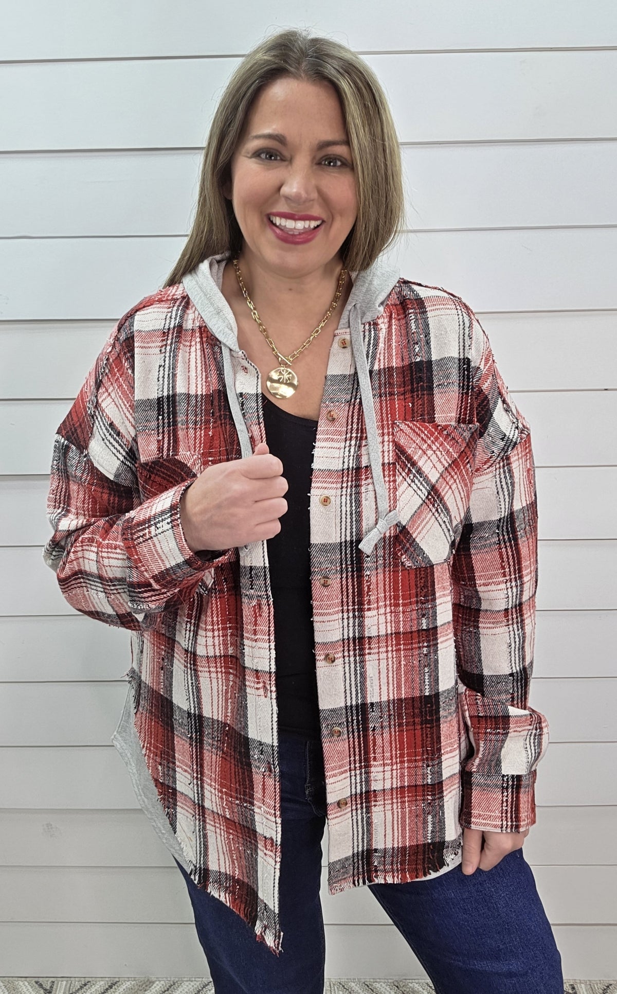 RED/BLACK PLAID BUTTON DOWN HOODED SHACKET
