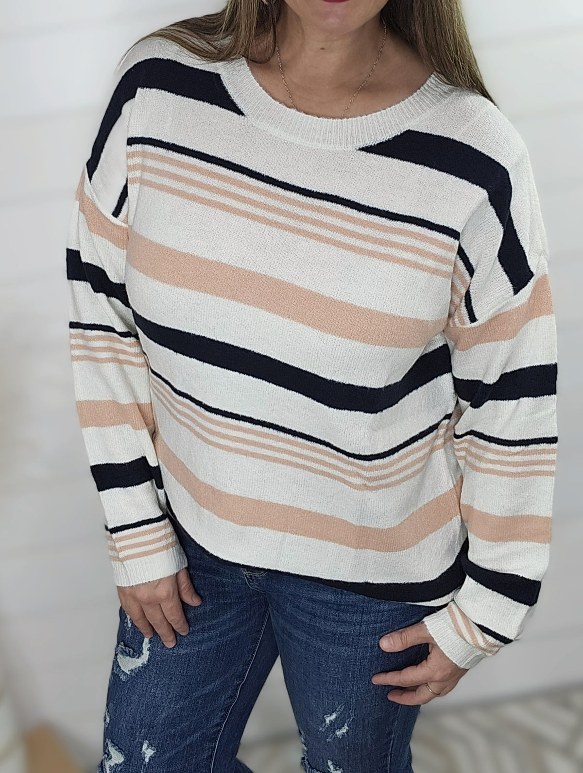 NAVY/PINK STRIPED SOFT KNIT SWEATER