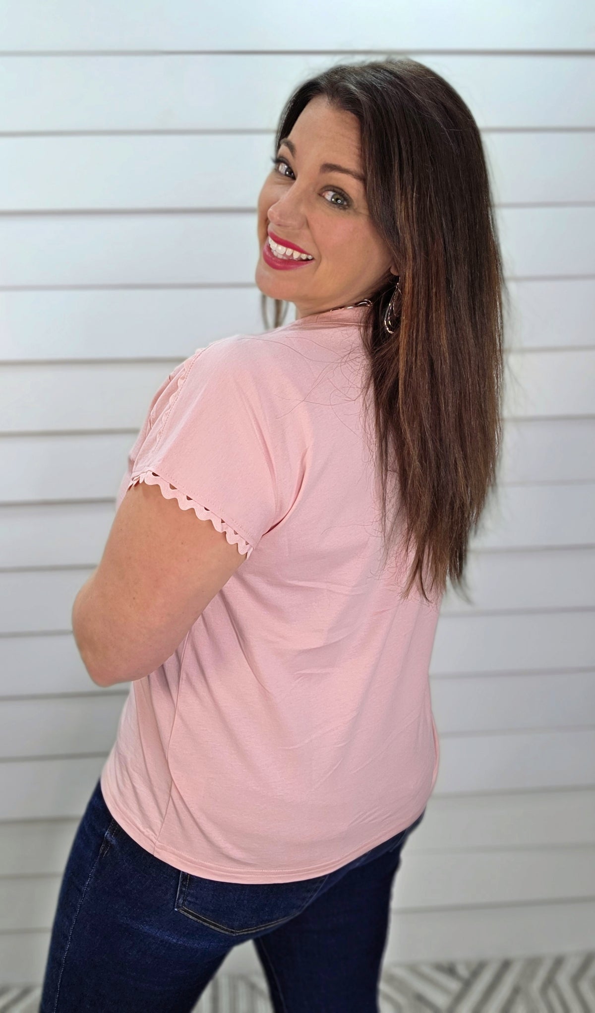 BLUSH RIC RAC TRIM DROP SHOULDER SHORT SLEEVE COTTON TOP