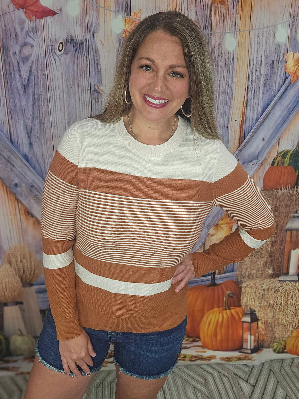 COPPER MINI WAFFLE COLORBLOCK STRIPED CREW NECK SWEATER