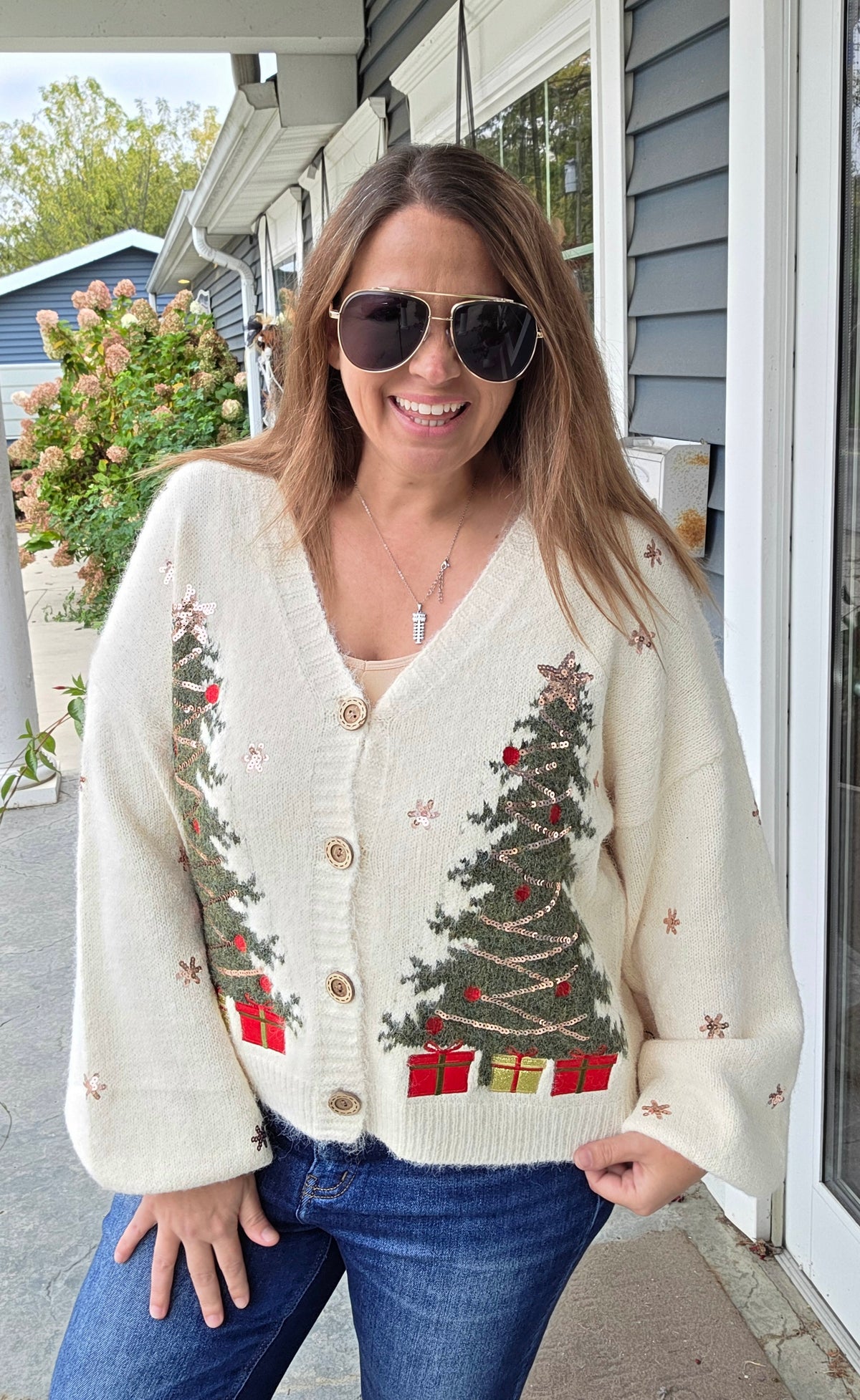 IVORY CHRISTMAS TREE V NECK BUTTON OVERSIZED CARDIGAN
