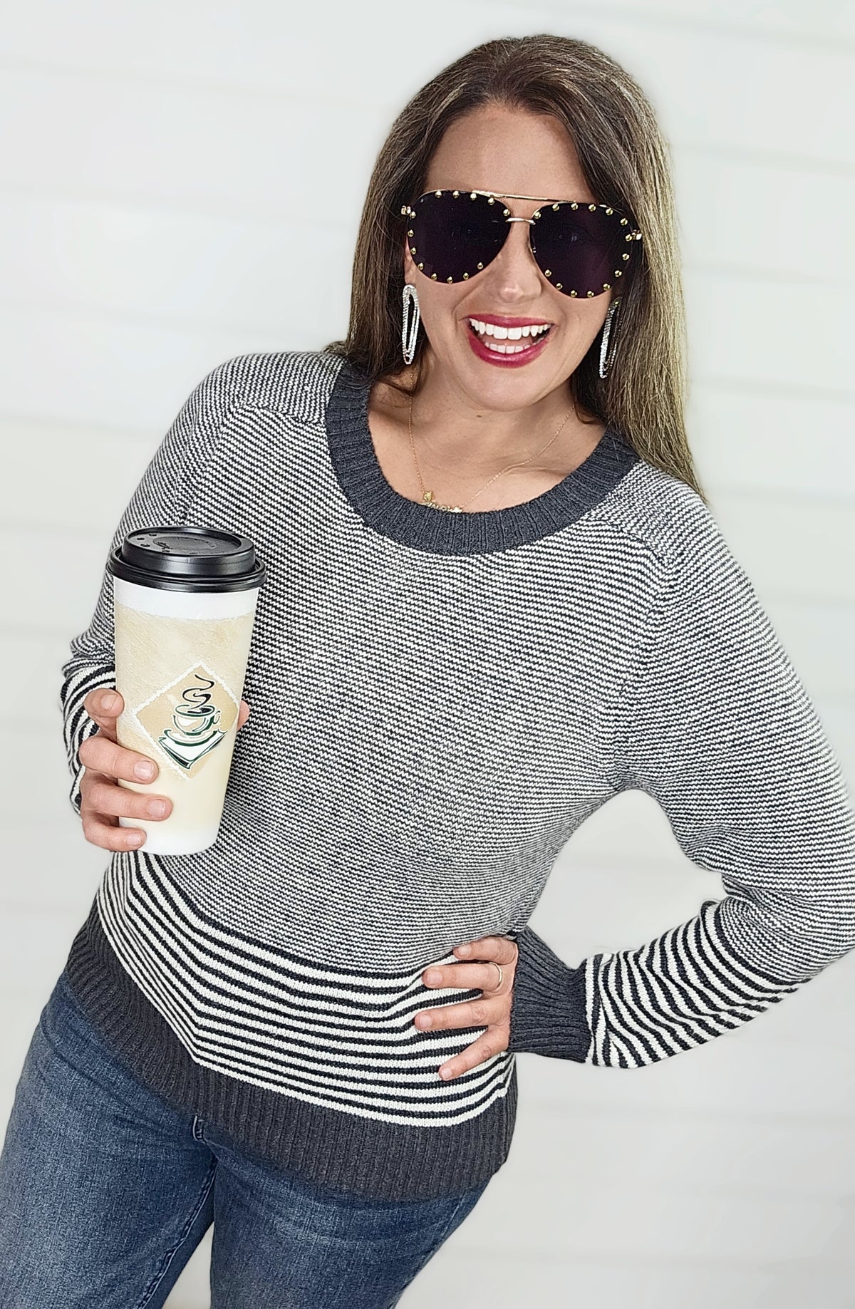 CHARCOAL MULTI STRIPE CREW NECK PULLOVER SWEATER