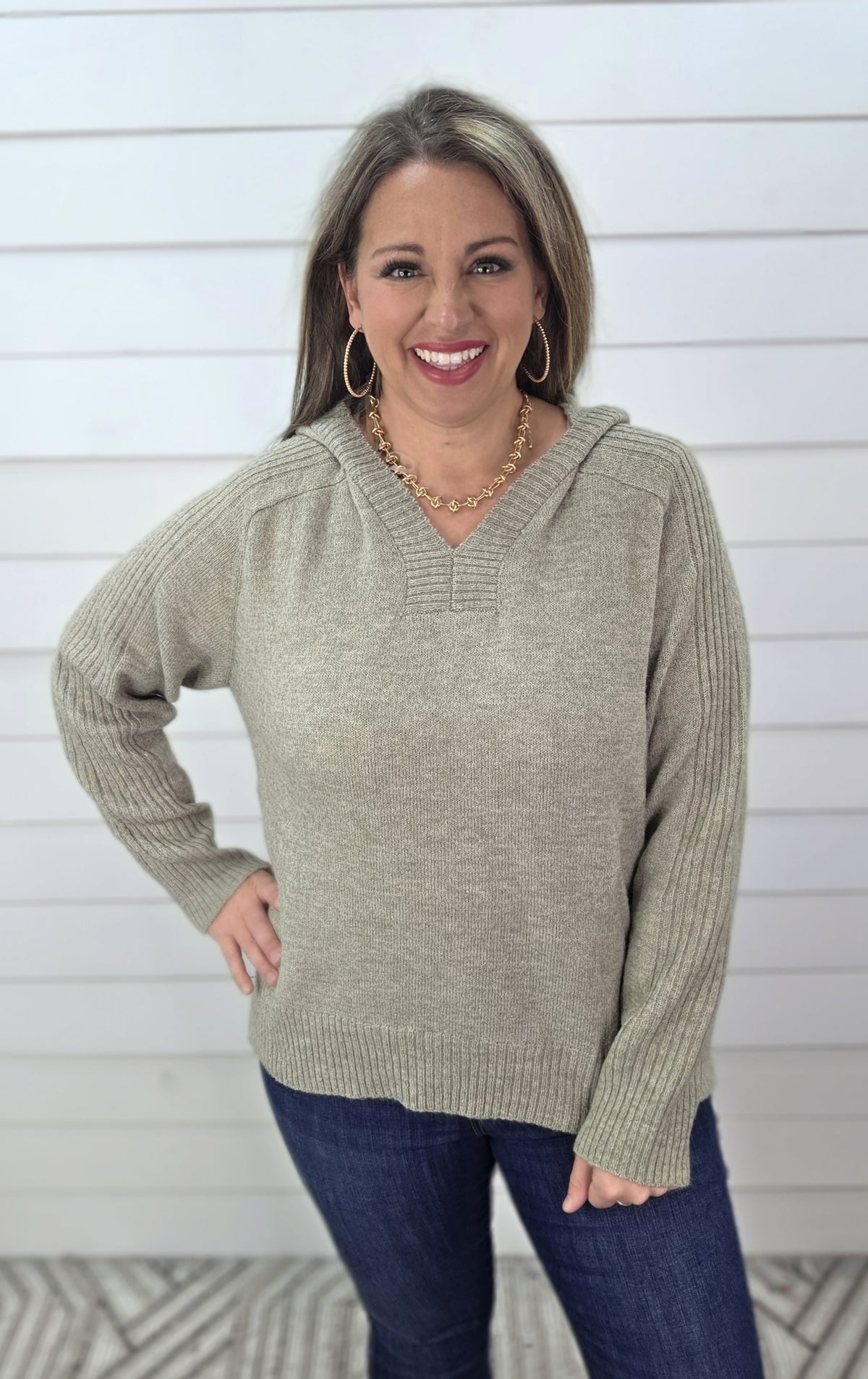 LT OLIVE KNIT RIBBED ACCENT HOODED SWEATER PULLOVER