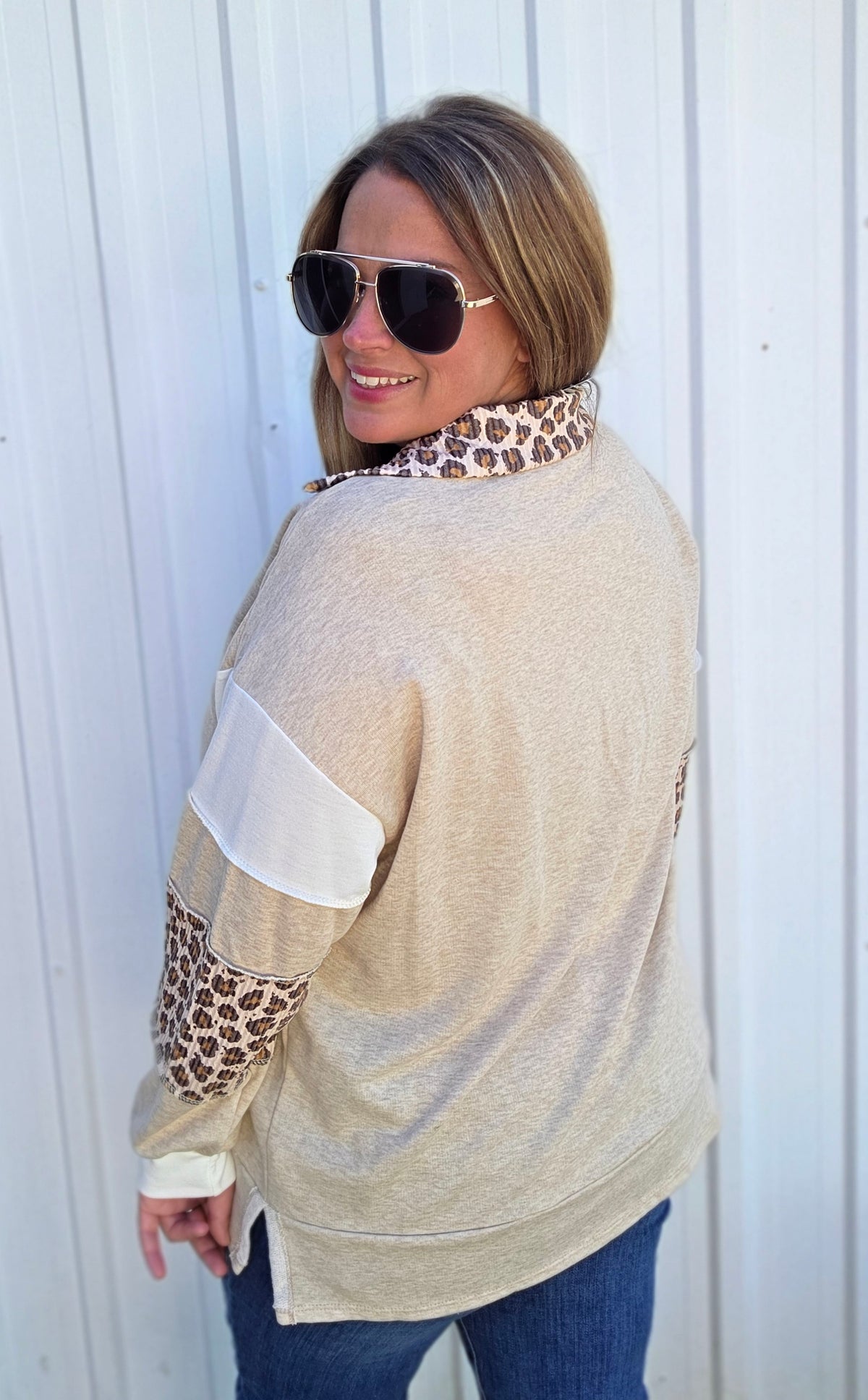 TAUPE OATMEAL/Animal Print Long Sleeves FRENCH TERRY TOP
