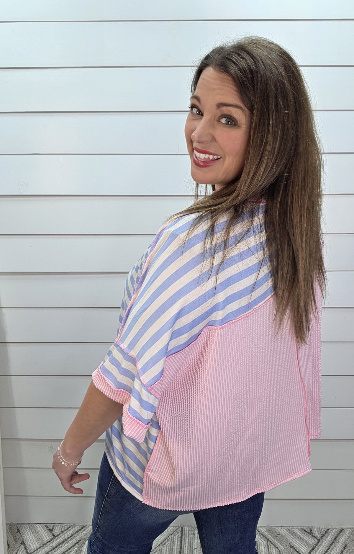 BLUE/CREAM STRIPED OVERSIZED KNIT TOP W/ PINK RAISED RIBBED TRIM
