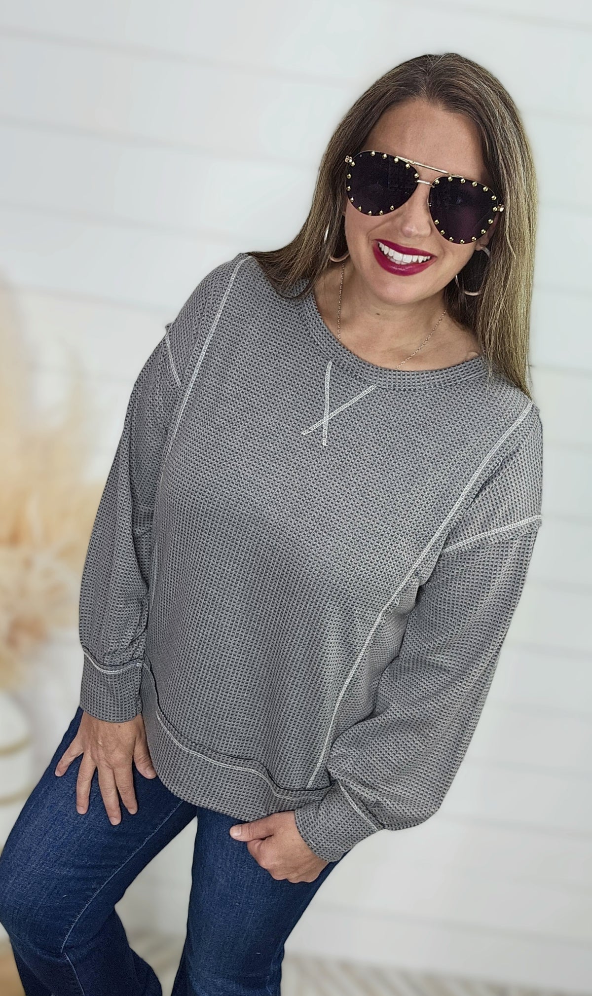 CHARCOAL WAFFLE TEXTURE LONG SLEEVE TOP