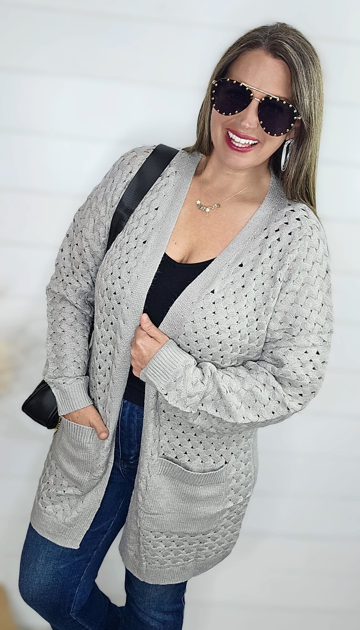 GREY OPEN WEAVE TEXTURE CARDIGAN