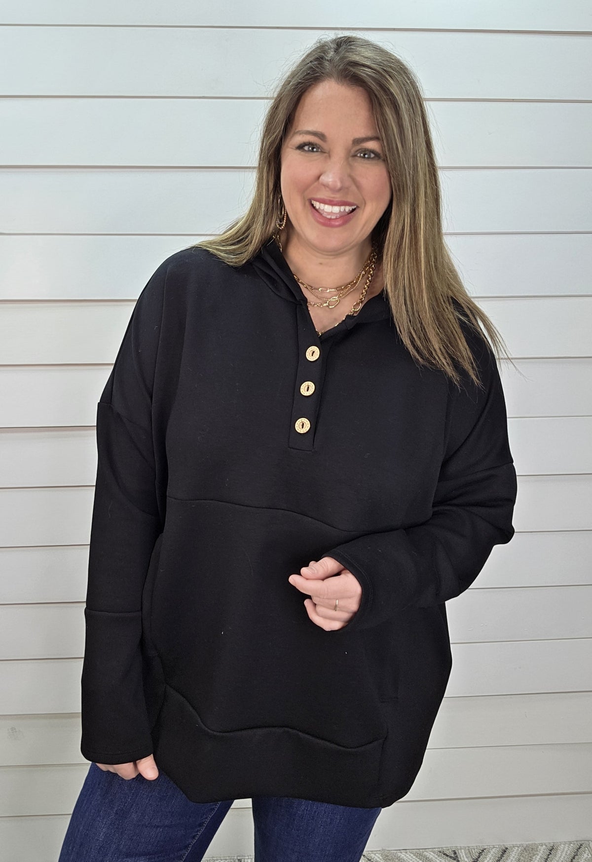 BLACK OVERSIZED SCUBA HOODED HENLEY TOP
