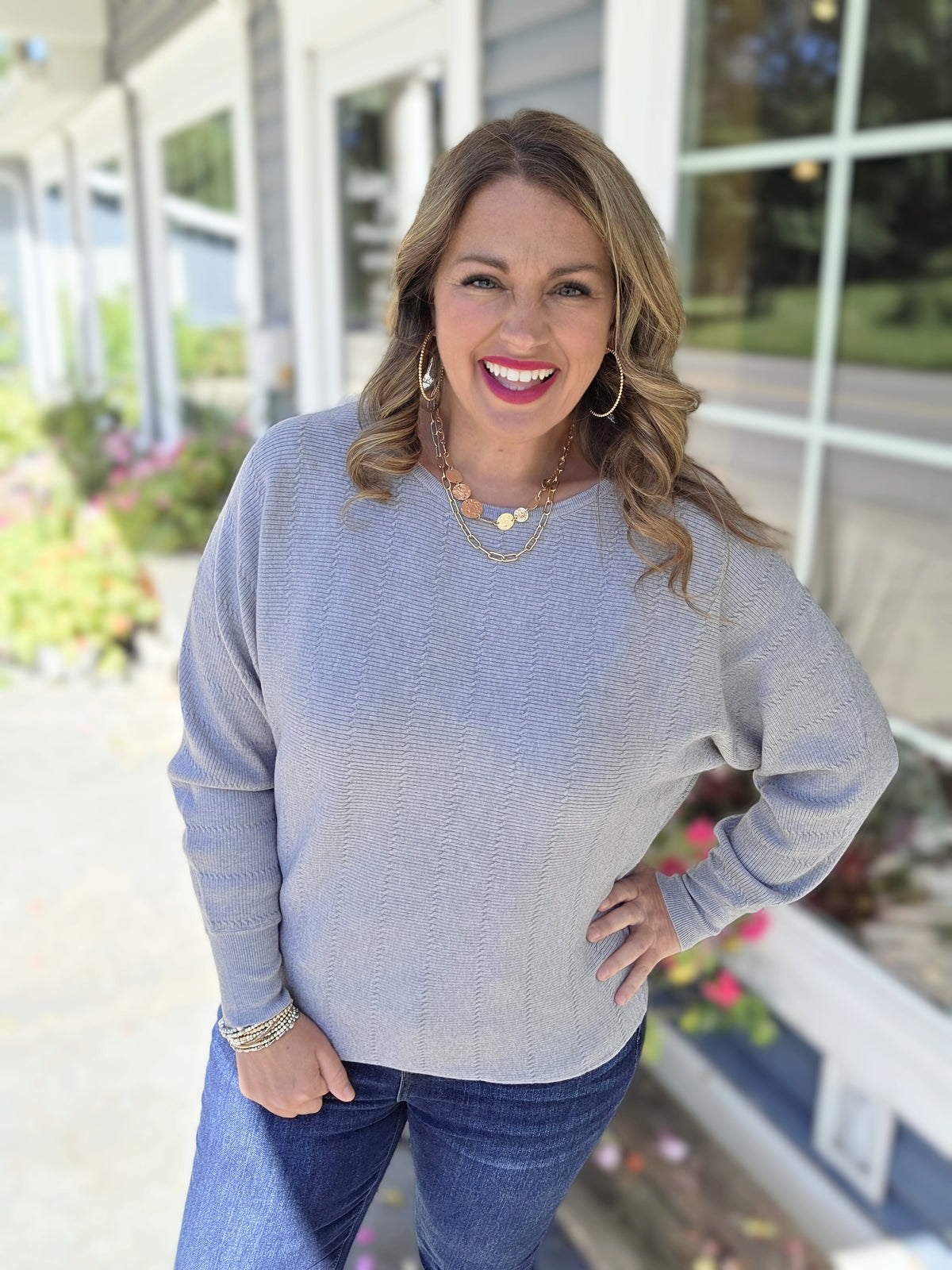 GREY TEXTURED DOLMAN SLEEVE BOAT NECK SWEATER