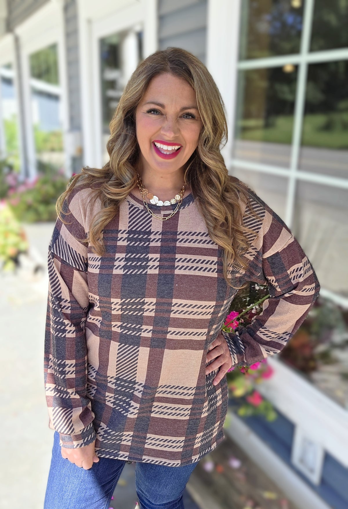 TAUPE PLAID KNIT LONG SLEEVE TOP