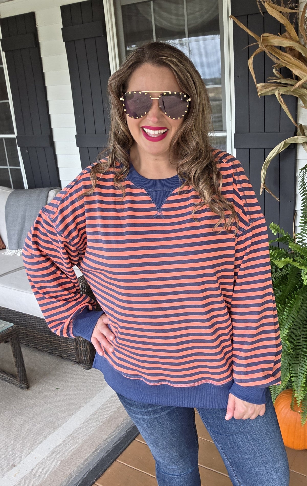 CORAL/NAVY STRIPED OVERSIZED KNIT TOP