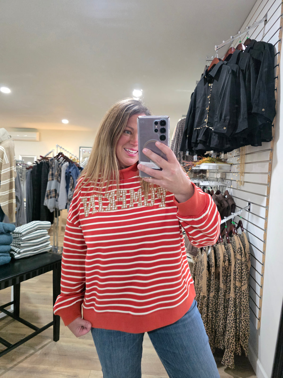 RUST PUMPKIN EMBROIDERED STRIPED With Ribbed Cuffs And Hemline Stripe