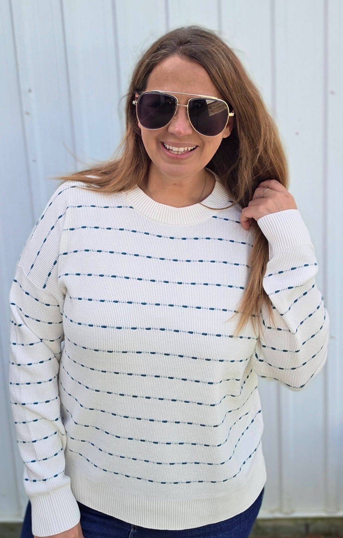 IVORY/TEAL Texture Striped, Crew Neck, Long Sleeve, Pullover Sweater