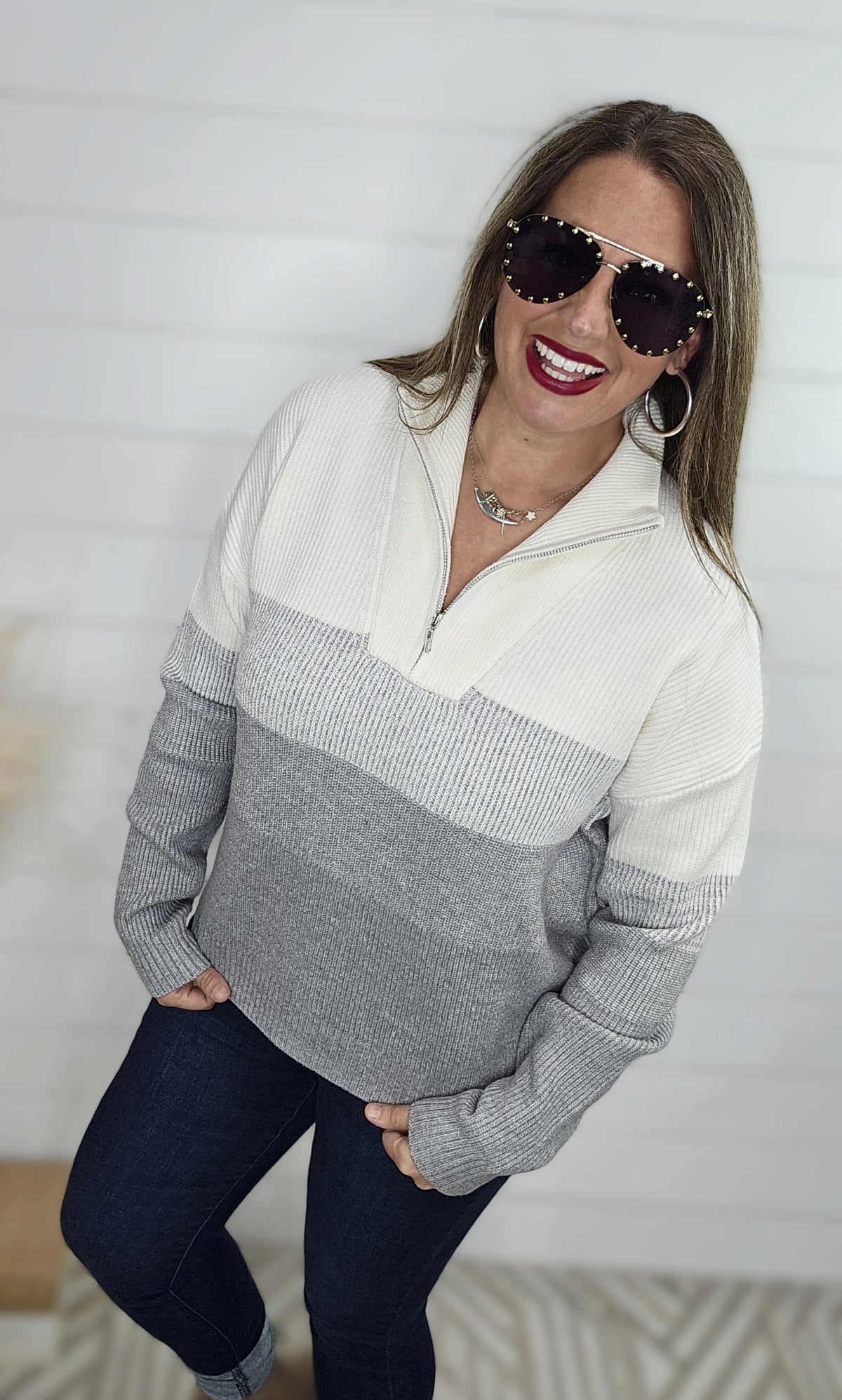 GREY/WHITE TEXTURED QUARTER ZIP COLORBLOCK SWEATER