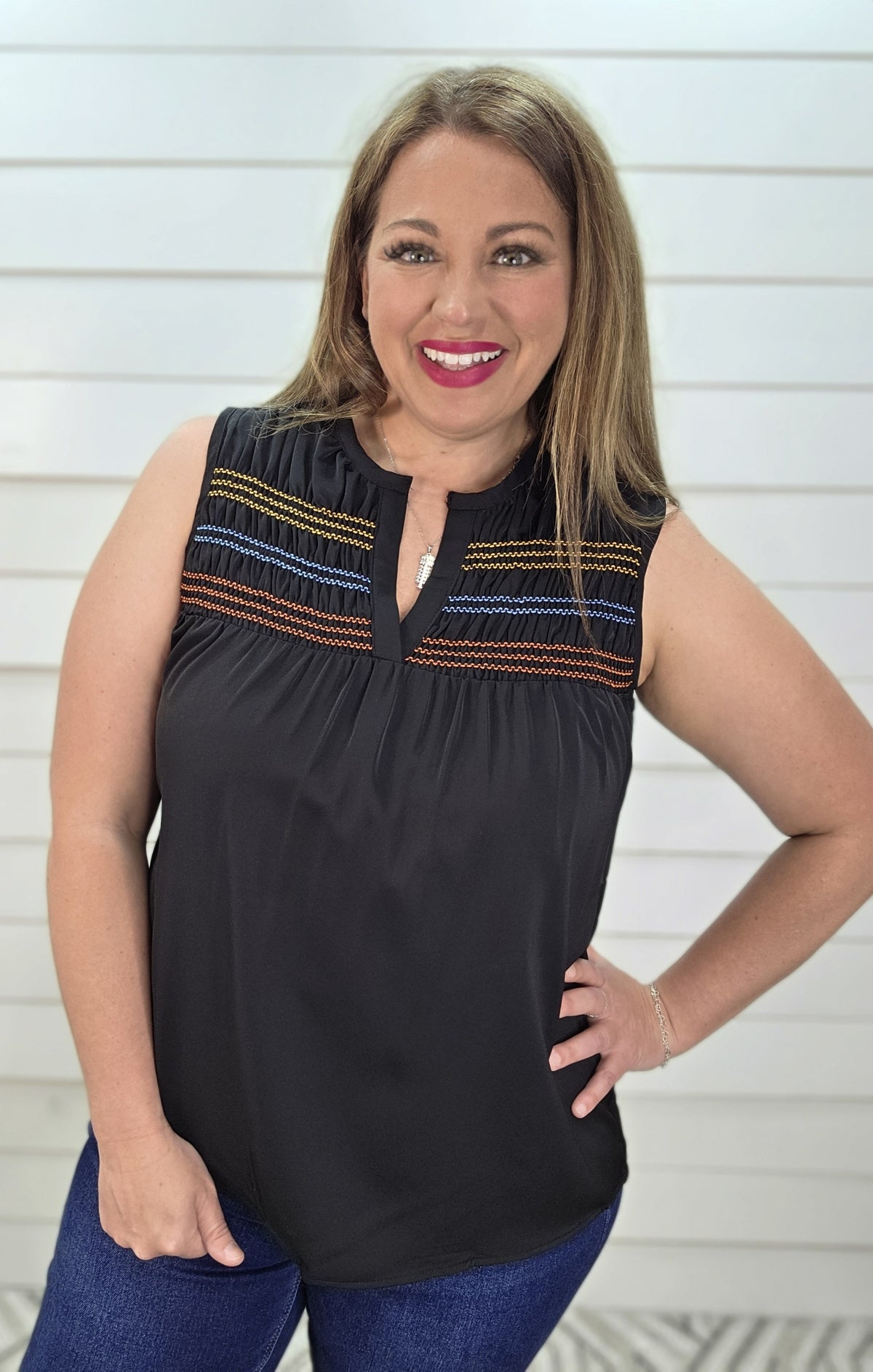 BLACK V NECK TANK TOP W/ MULTI COLOR STITCHING