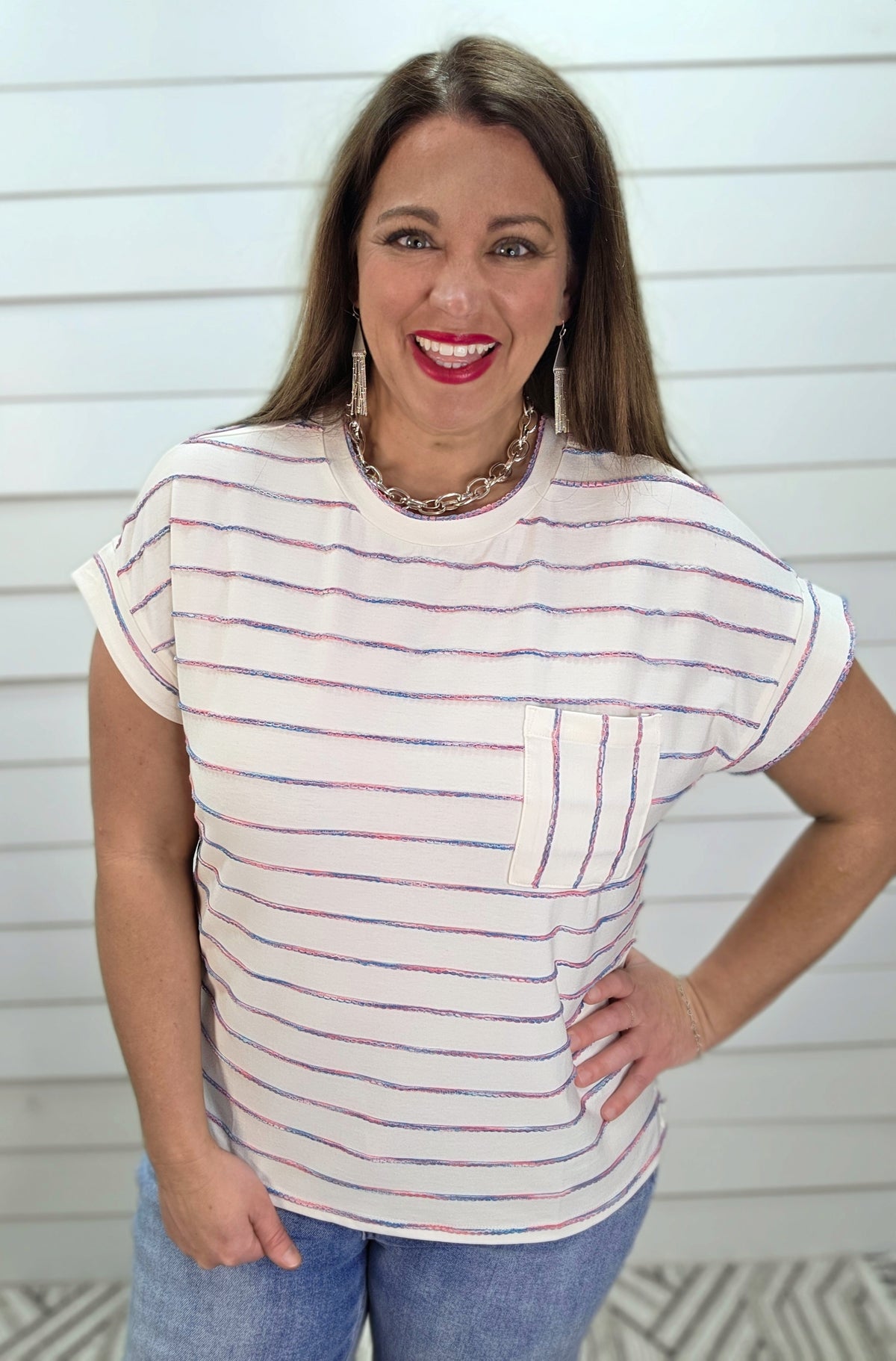 IVORY/MULTI COLOR THREAD KNIT POCKET TOP