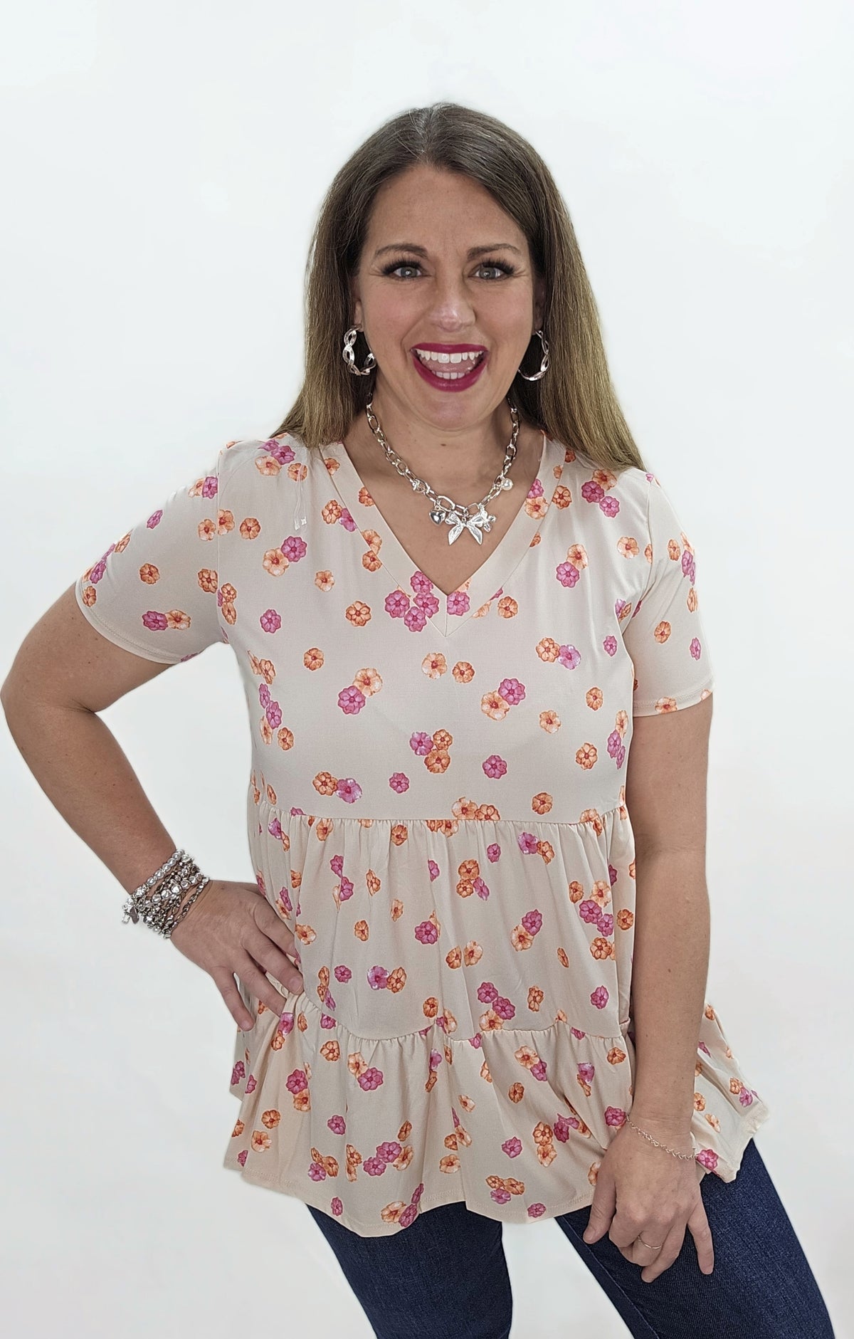TAUPE/CORAL/PINK FLORAL TIERED TOP