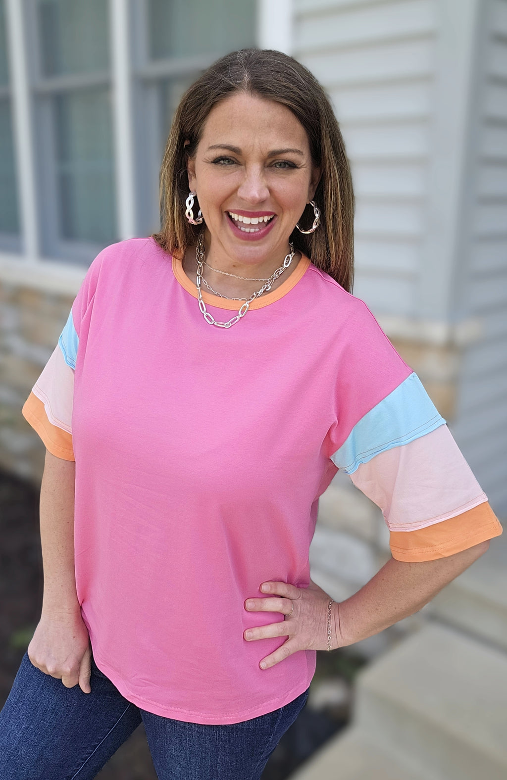 HOT PINK BRIGHT COLORBLOCK SHORT SLEEVE TOP - FINAL SALE – Brooch Boutique